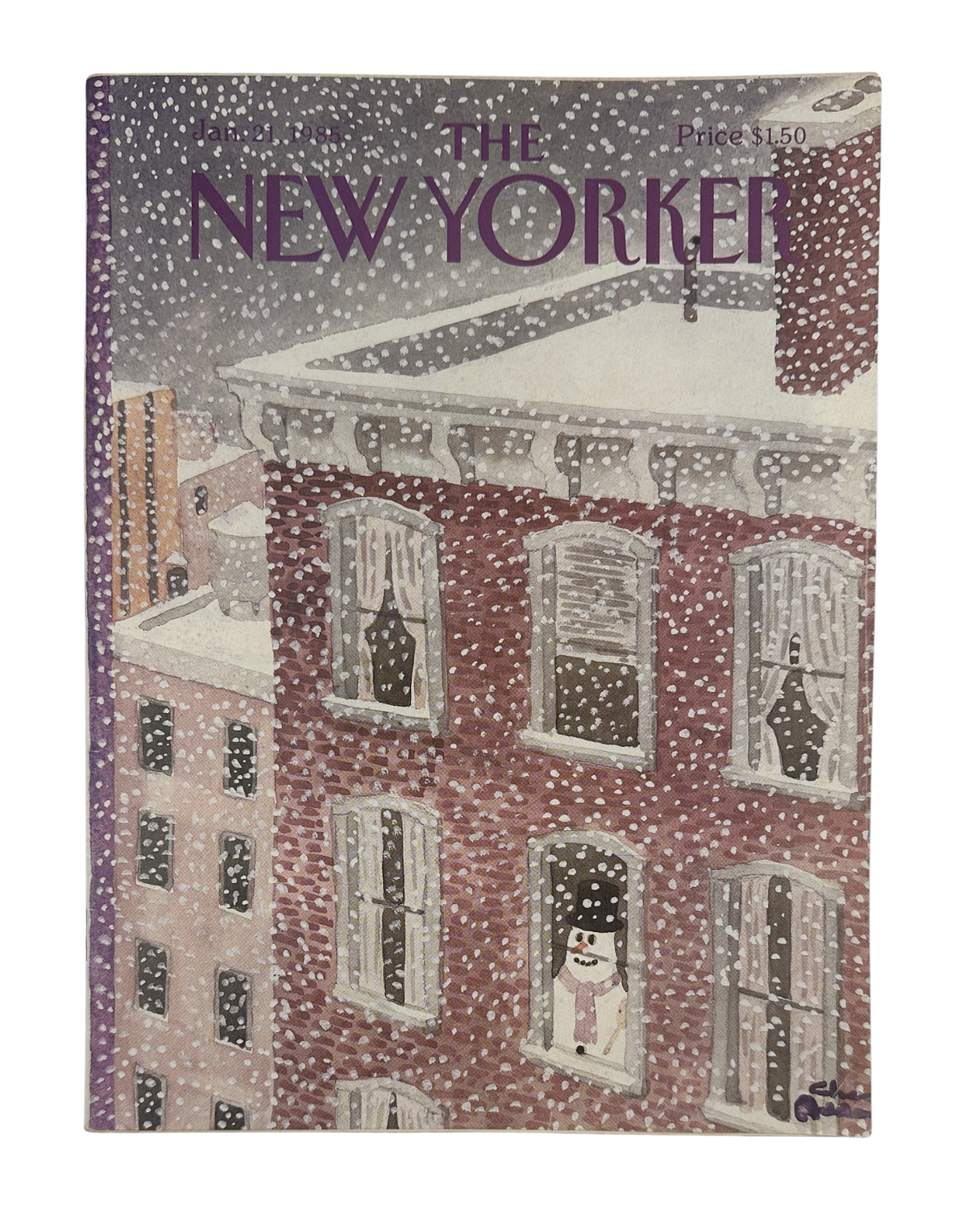 The New Yorker Magazine January 21, 1985 Snowy City Snowman Charles Addams Cover featuring a snow-covered city building with a snowman visible in a window.