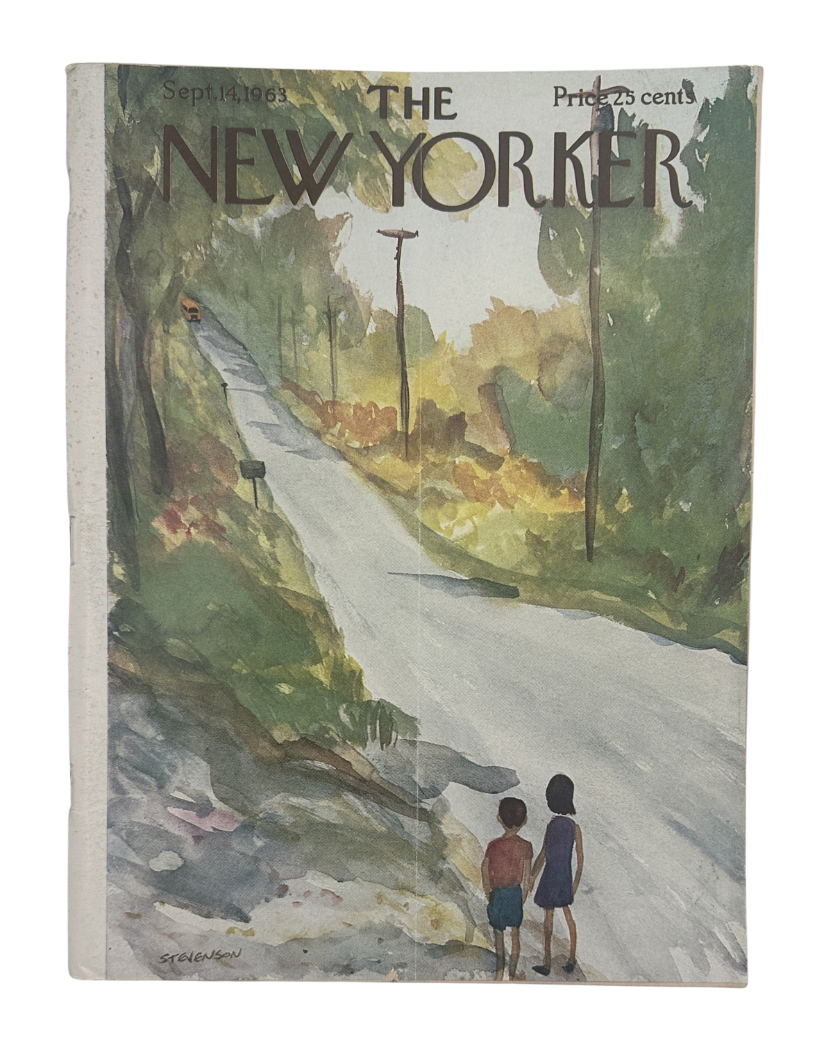 The New Yorker Magazine September 14, 1963 Children Road James Stevenson Cover, vintage magazine cover featuring two children walking along a tree-lined country road.