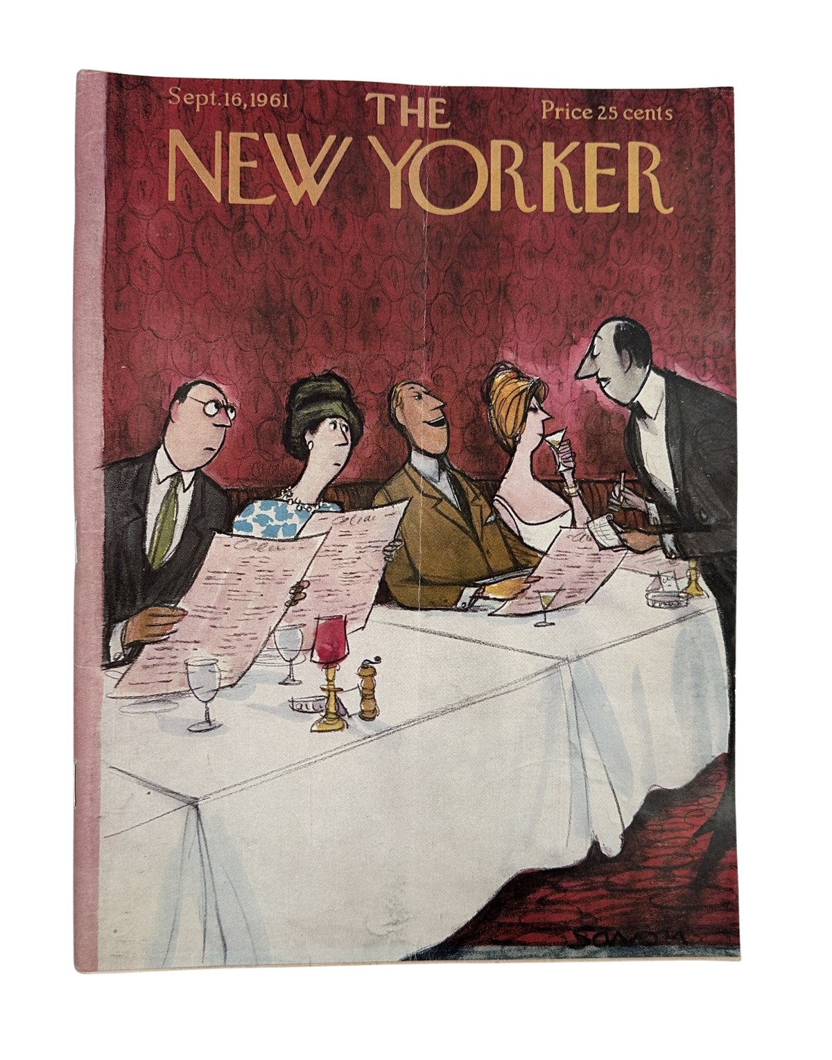 The New Yorker Magazine September 16, 1961 Restaurant Diners Menu Charles D. Saxon, vintage magazine cover featuring diners seated at a restaurant table.