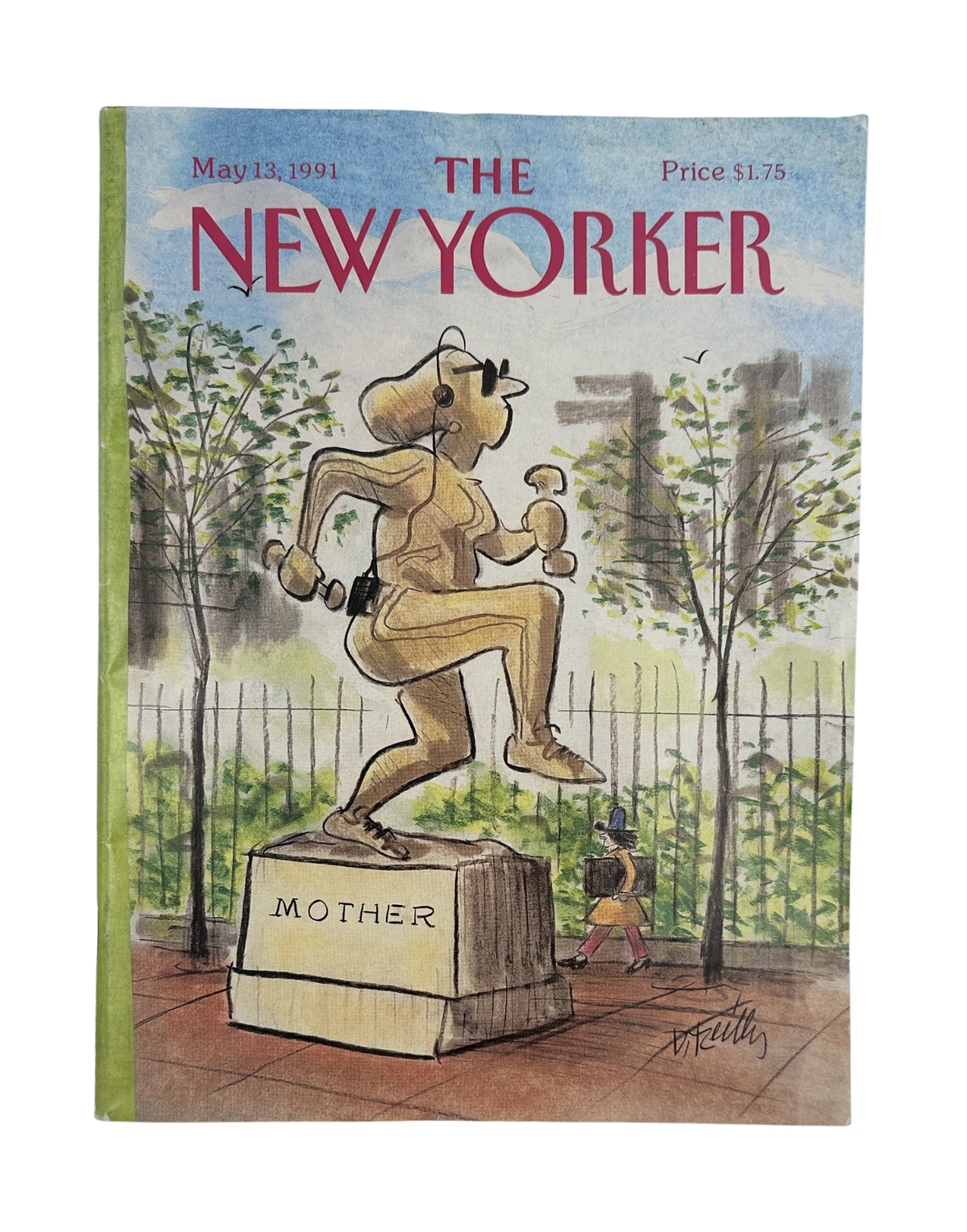 The New Yorker Magazine May 13, 1991 Mother Statue Jogger Park Donald Reilly Cover VG, featuring a jogger running past a mother statue in a park, illustrated by Donald Reilly.