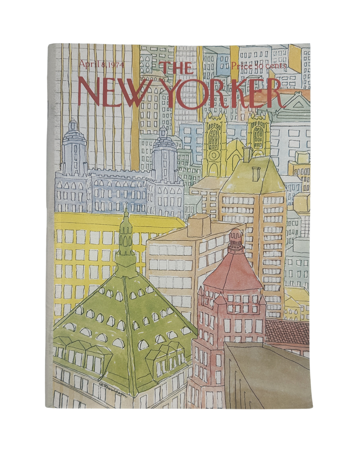 The New Yorker Magazine April 8, 1974 NYC Skyline Raymond Davidson Cover VG, featuring Raymond Davidson's illustrated New York City skyline cover.