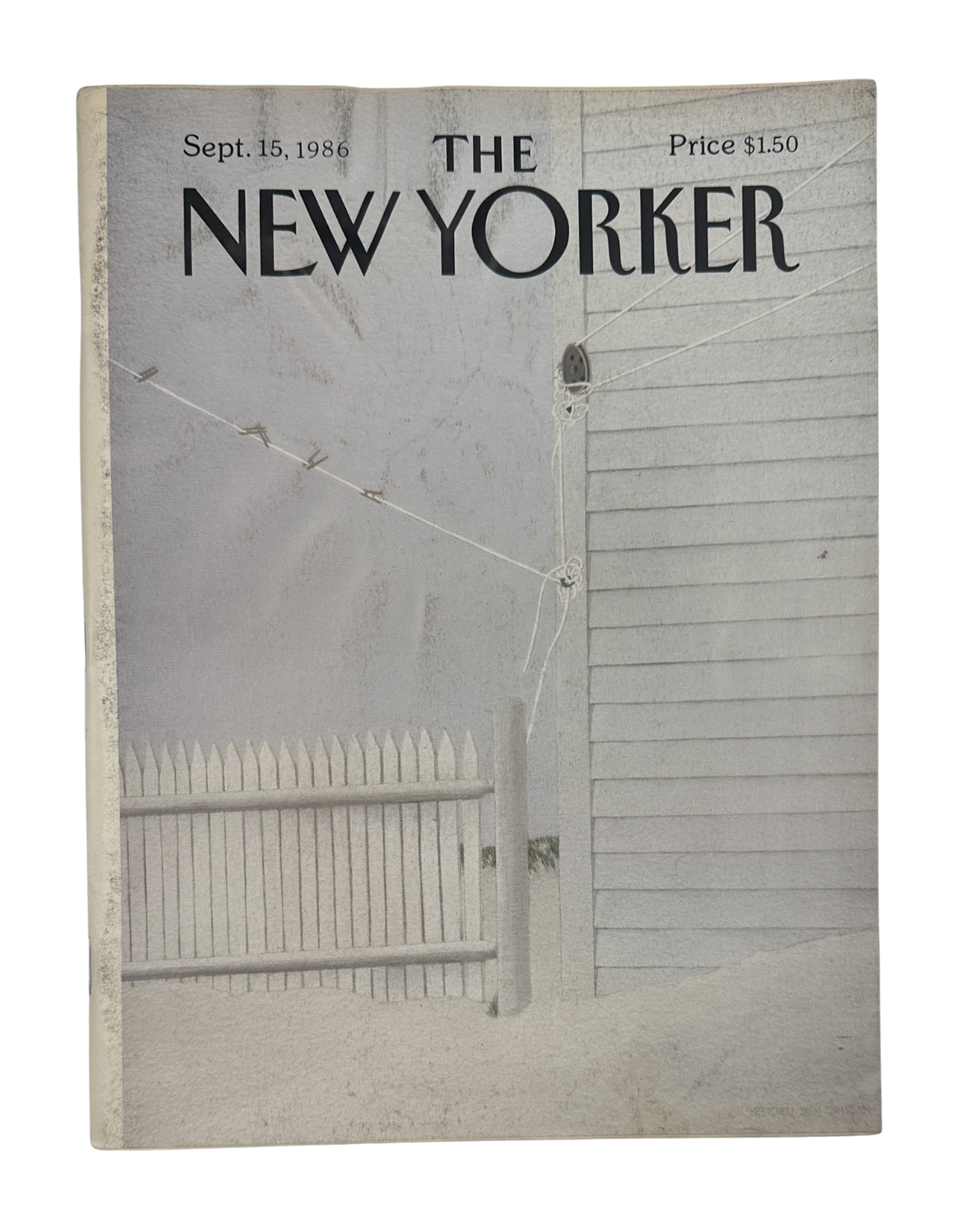 The New Yorker Magazine September 15, 1986 Snow Fence Gretchen Dow Simpson Cover, featuring a monochrome illustration of a snow fence and wooden picket fence.