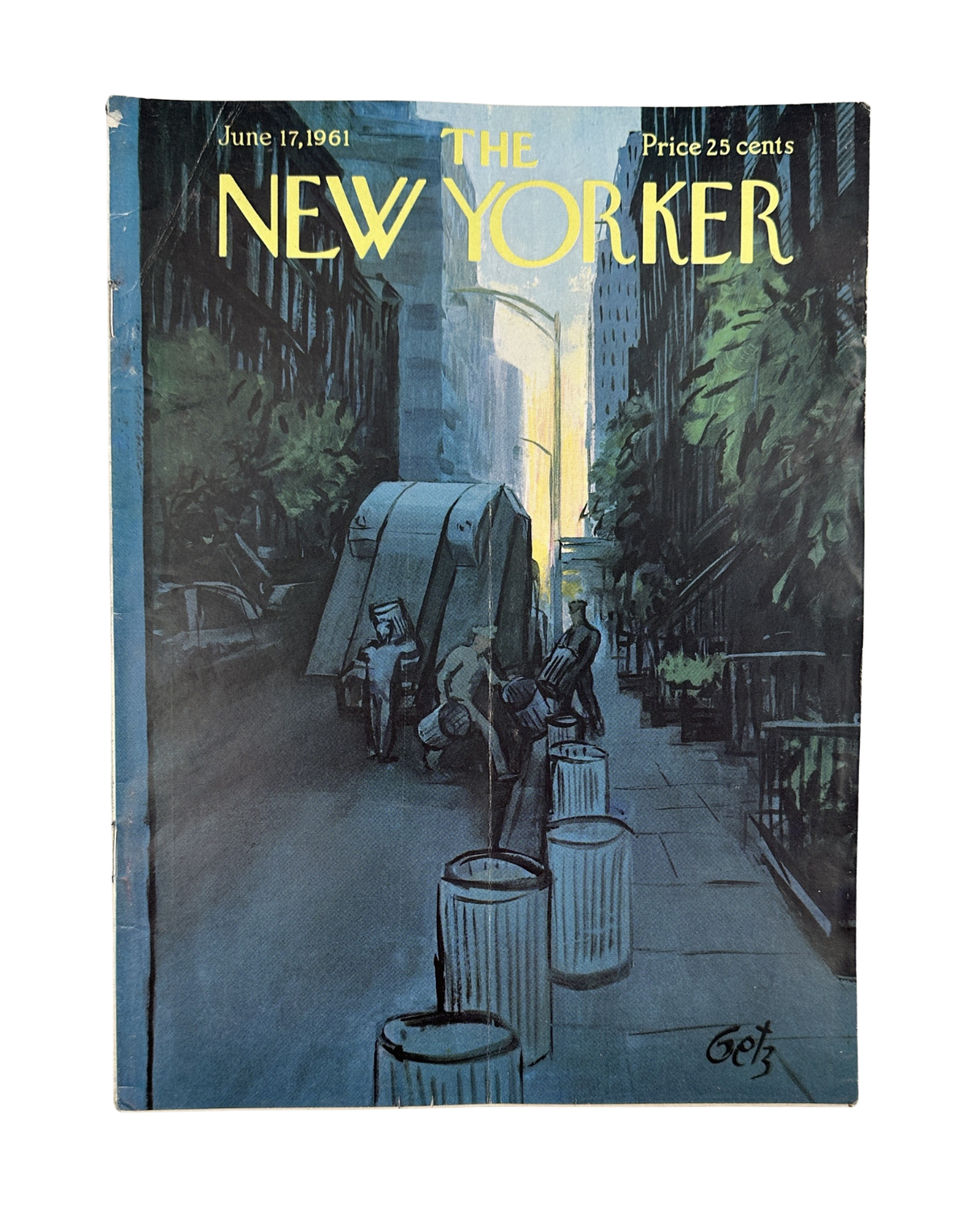 The New Yorker Magazine June 17, 1961 Garbage Collection Street Arthur Getz Cover, featuring an illustrated New York City street with garbage collectors and trash cans.