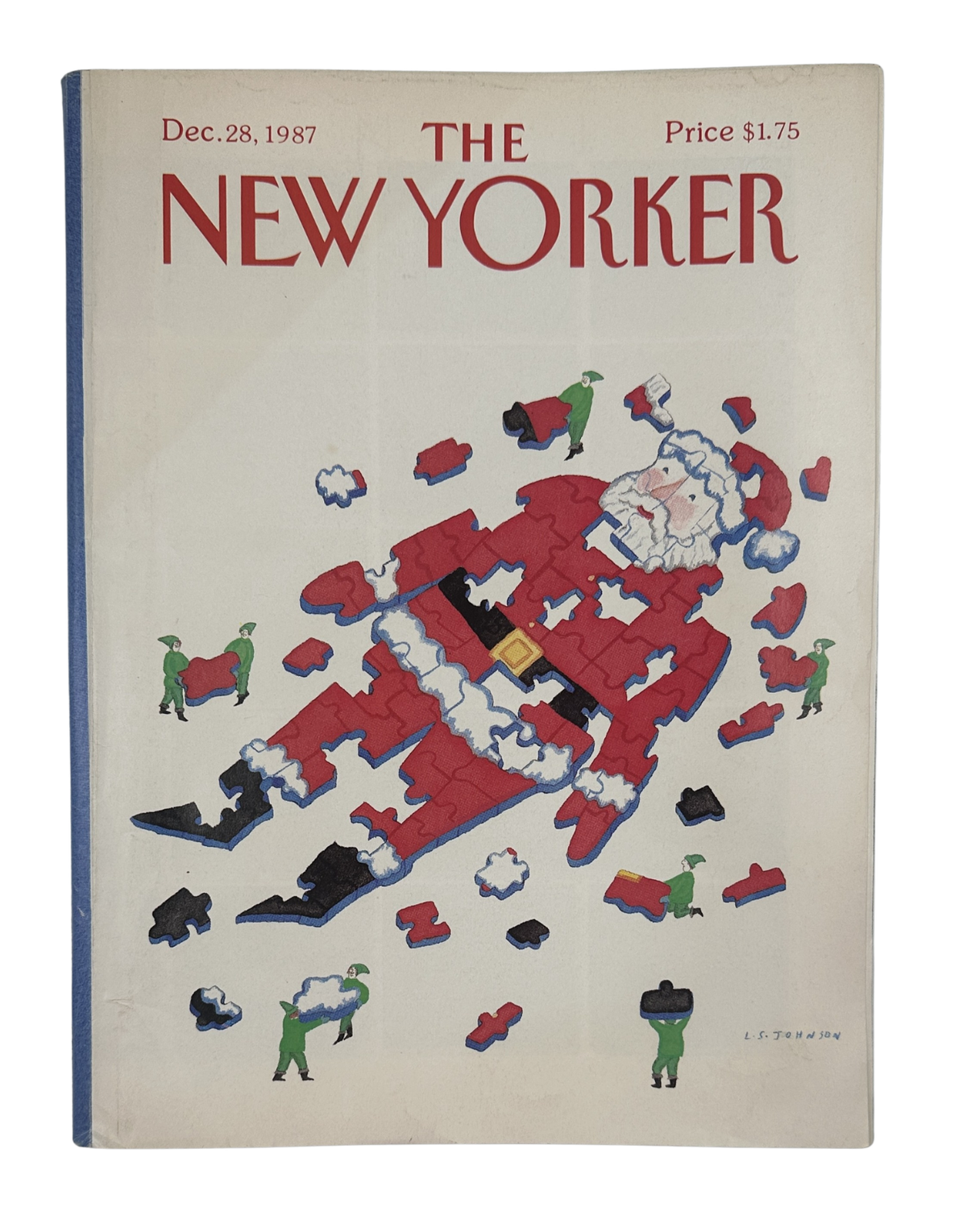 The New Yorker Magazine December 28, 1987 Santa Puzzle Lonni Sue Johnson Cover, featuring a colorful Christmas jigsaw puzzle illustration.