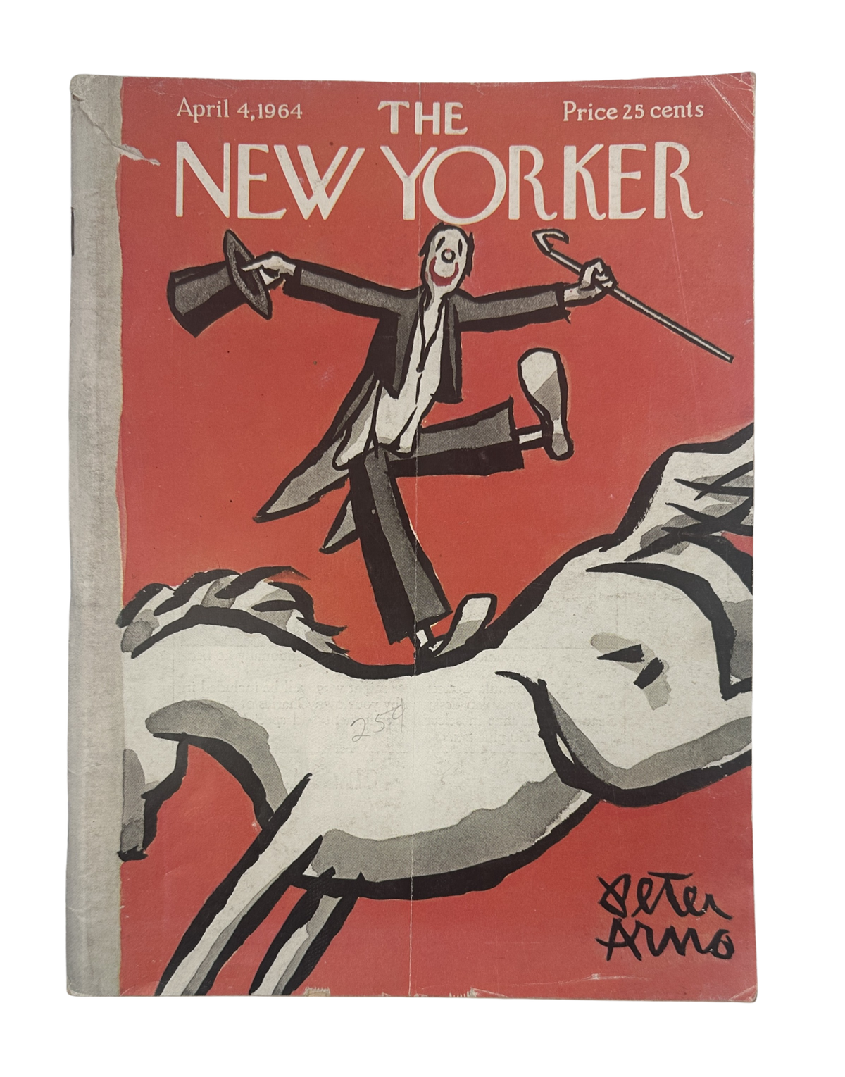 The New Yorker Magazine April 4, 1964 Horse Rider Peter Arno Cover featuring a stylized horse rider illustration on a red vintage magazine cover.