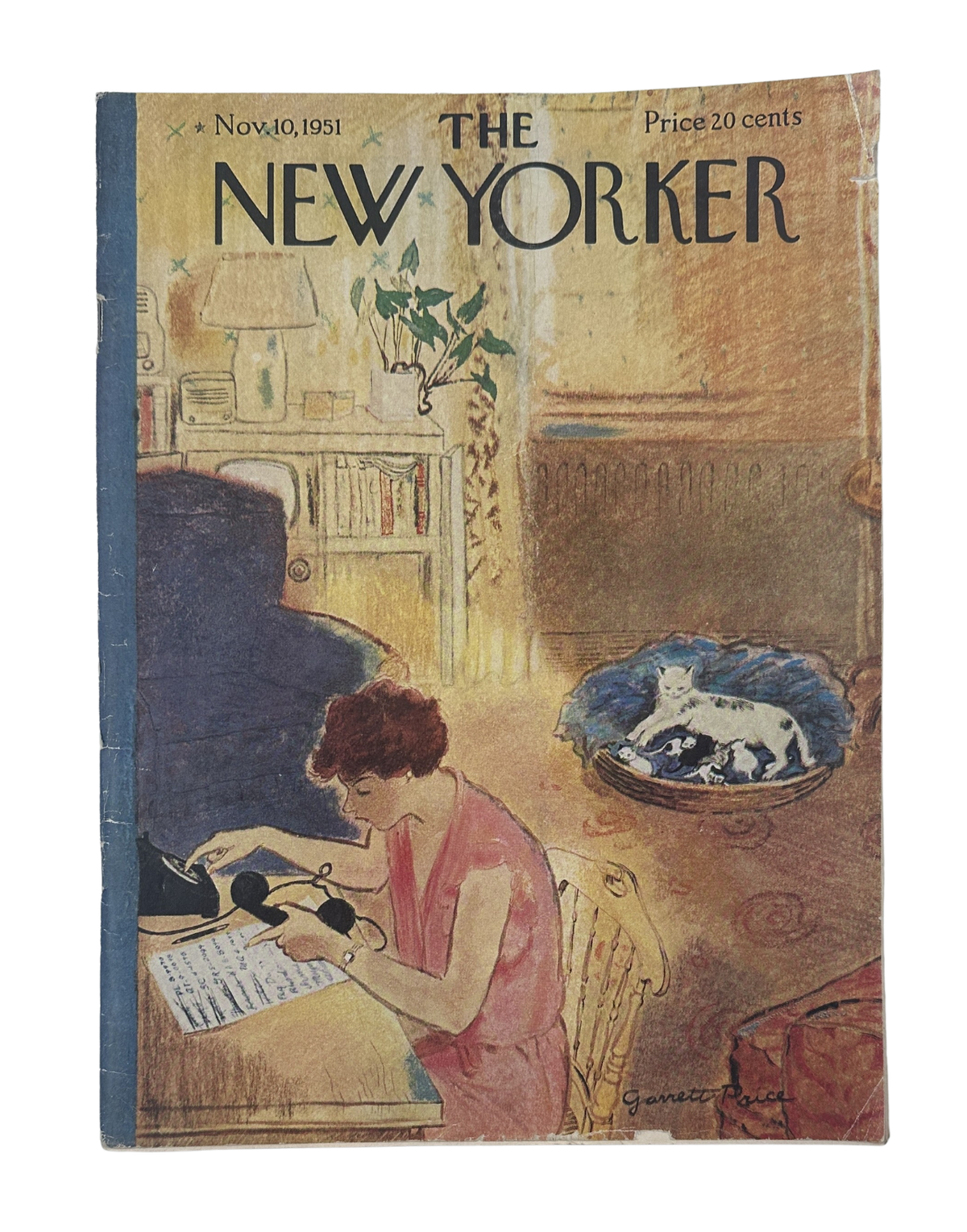 The New Yorker Magazine November 10, 1951 Cat Kittens Garrett Price Cover, featuring a woman writing at a desk with cats resting in a bowl and vintage interior artwork.
