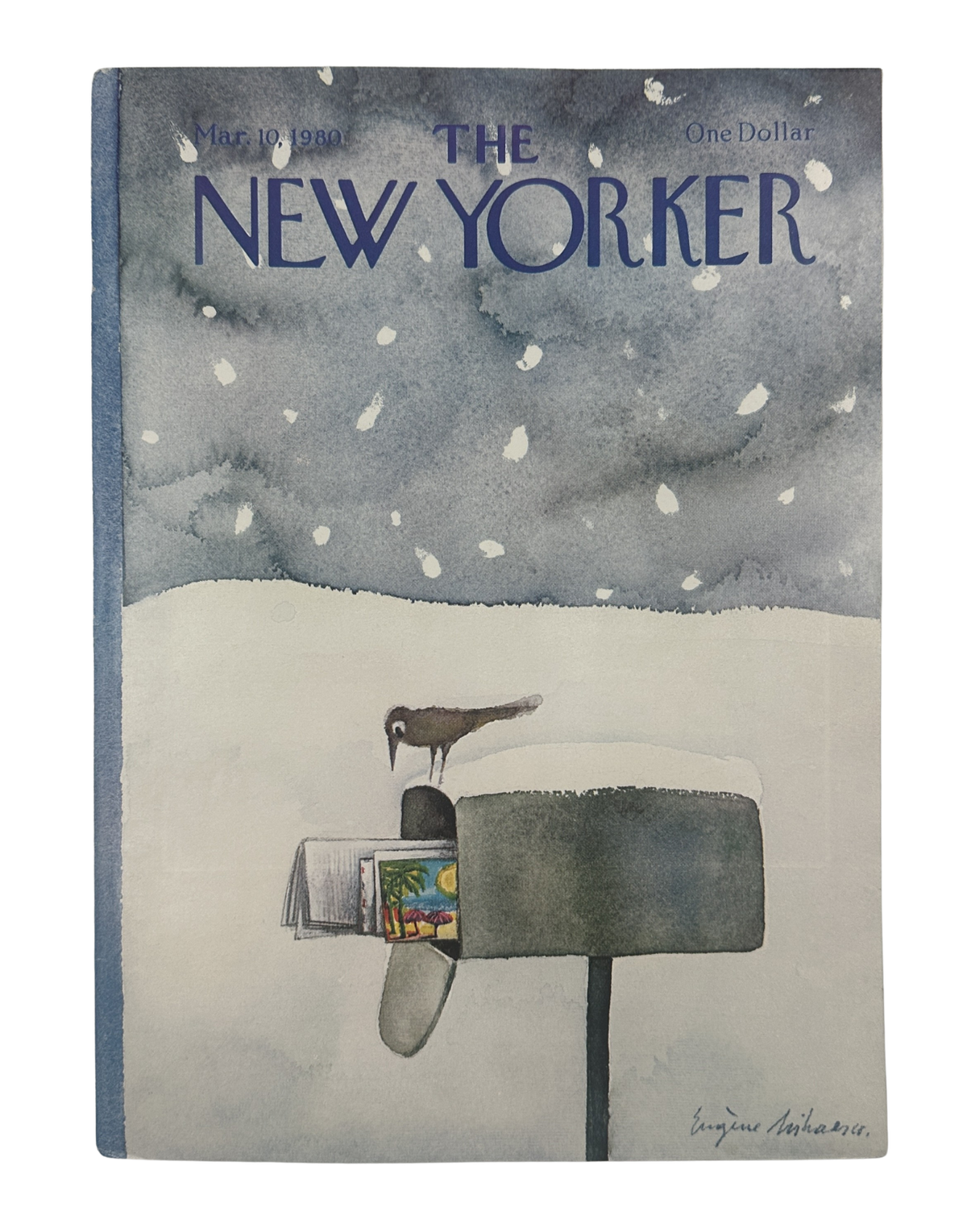 The New Yorker Magazine March 10, 1980 Snowy Mailbox Bird Eugène Mihaesco Cover VG, featuring a snow-covered mailbox with a bird perched on top.