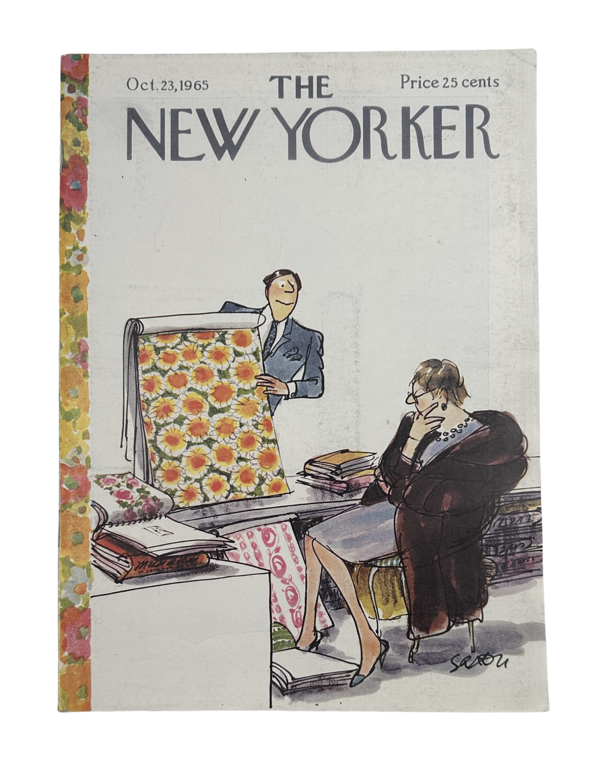 Cover of The New Yorker Magazine October 23, 1965 Floral Fabric Fashion Charles D. Saxon Cover, featuring a fashion showroom scene with floral fabric and two figures.