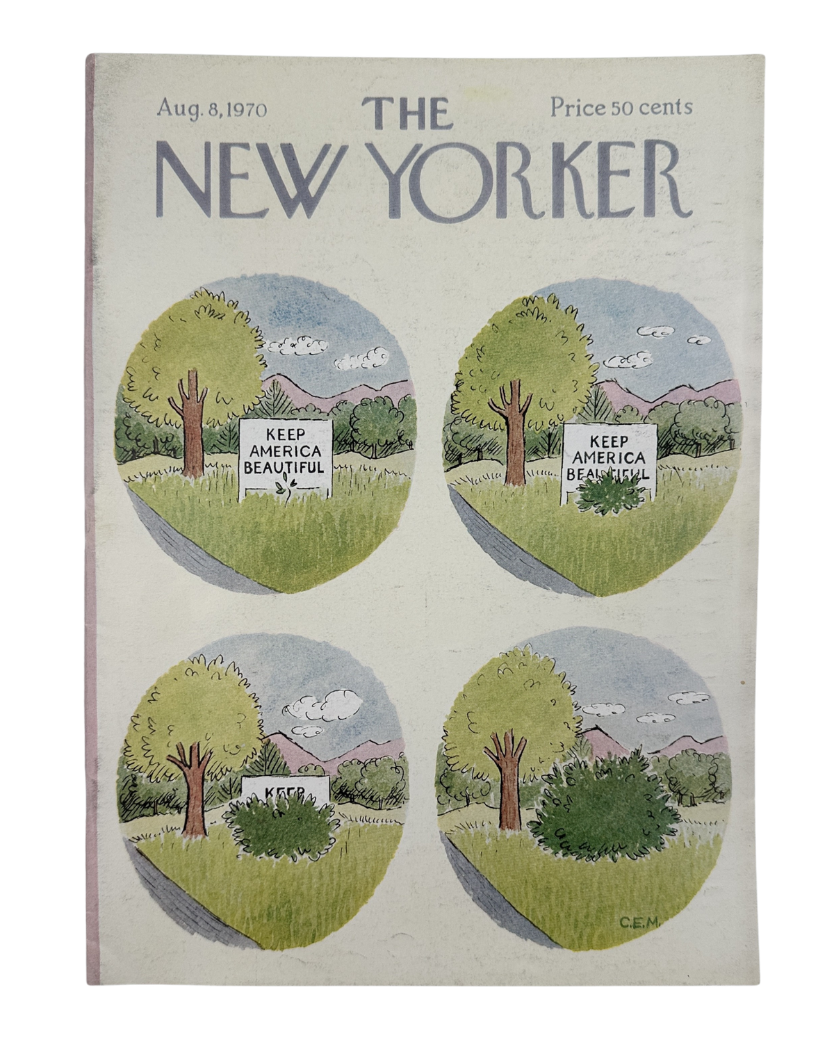 The New Yorker Magazine August 8, 1970 Keep America Beautiful Bush Charles Martin VG cover featuring four illustrated landscape scenes with trees, roads, and Keep America Beautiful signs