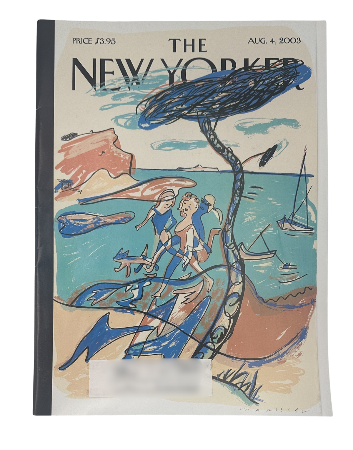 The New Yorker Magazine August 4, 2003 Mediterranean Sea Beach Javier Mariscal Cover VG, featuring an illustrated beach scene with swimmers, sailboats, sea creatures, and colorful coastal artwork.