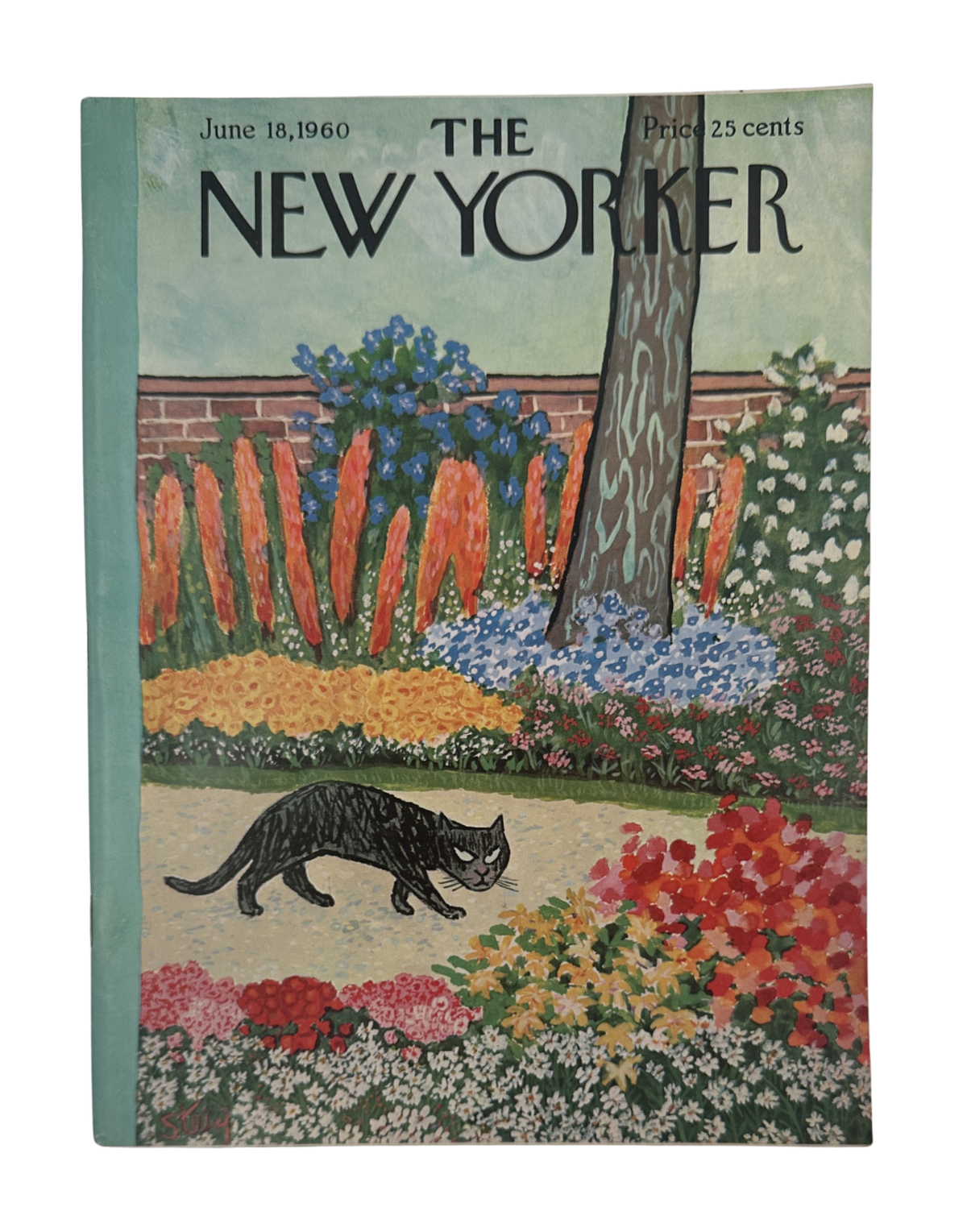 The New Yorker Magazine June 18, 1960 Black Cat Flower Garden William Steig Cover VG, featuring a black cat walking through a colorful flower garden with a brick wall and tree.