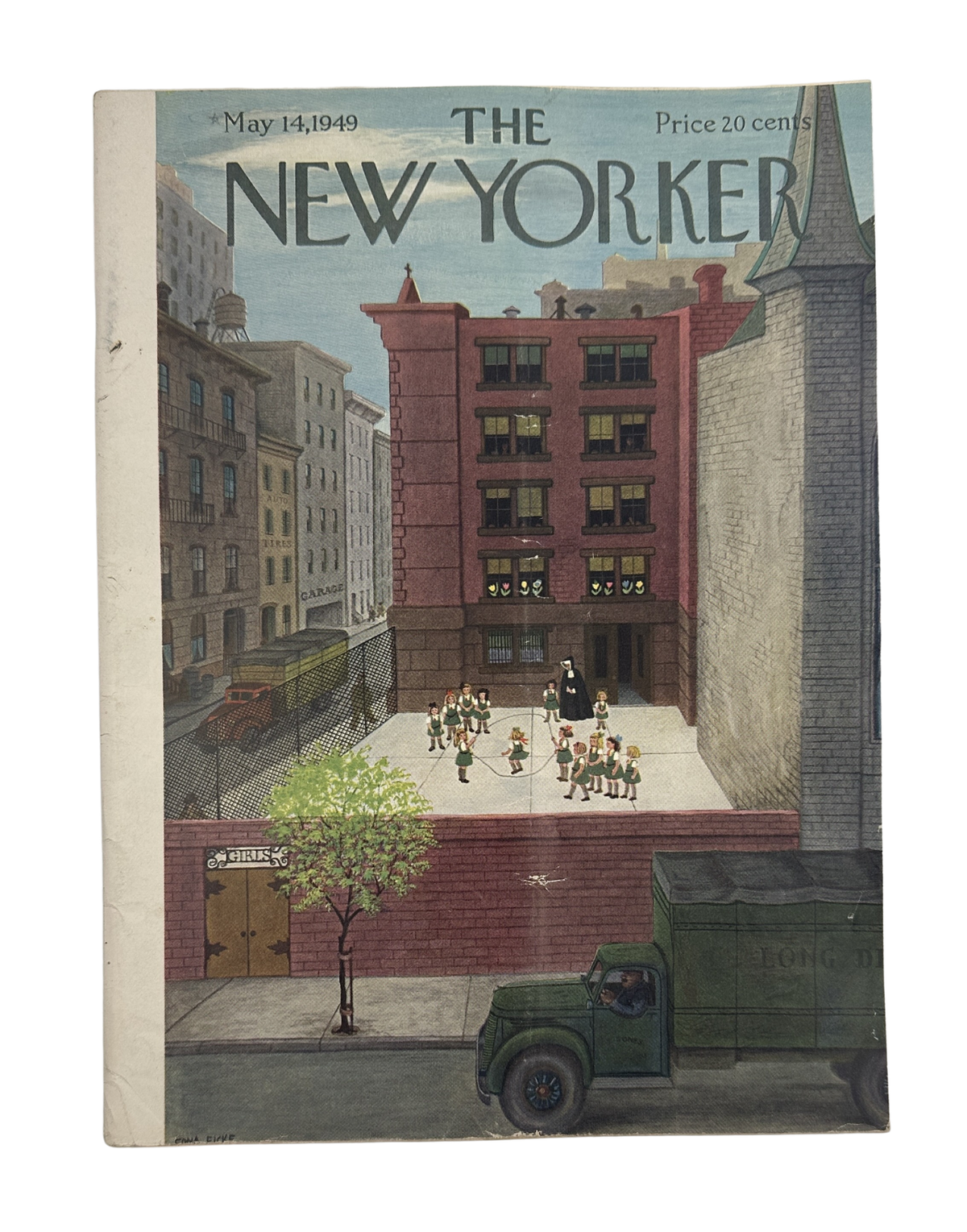 The New Yorker Magazine May 14, 1949 City Schoolyard Edna Eicke Cover showing children playing in an urban schoolyard surrounded by city buildings, with a delivery truck in the foreground.