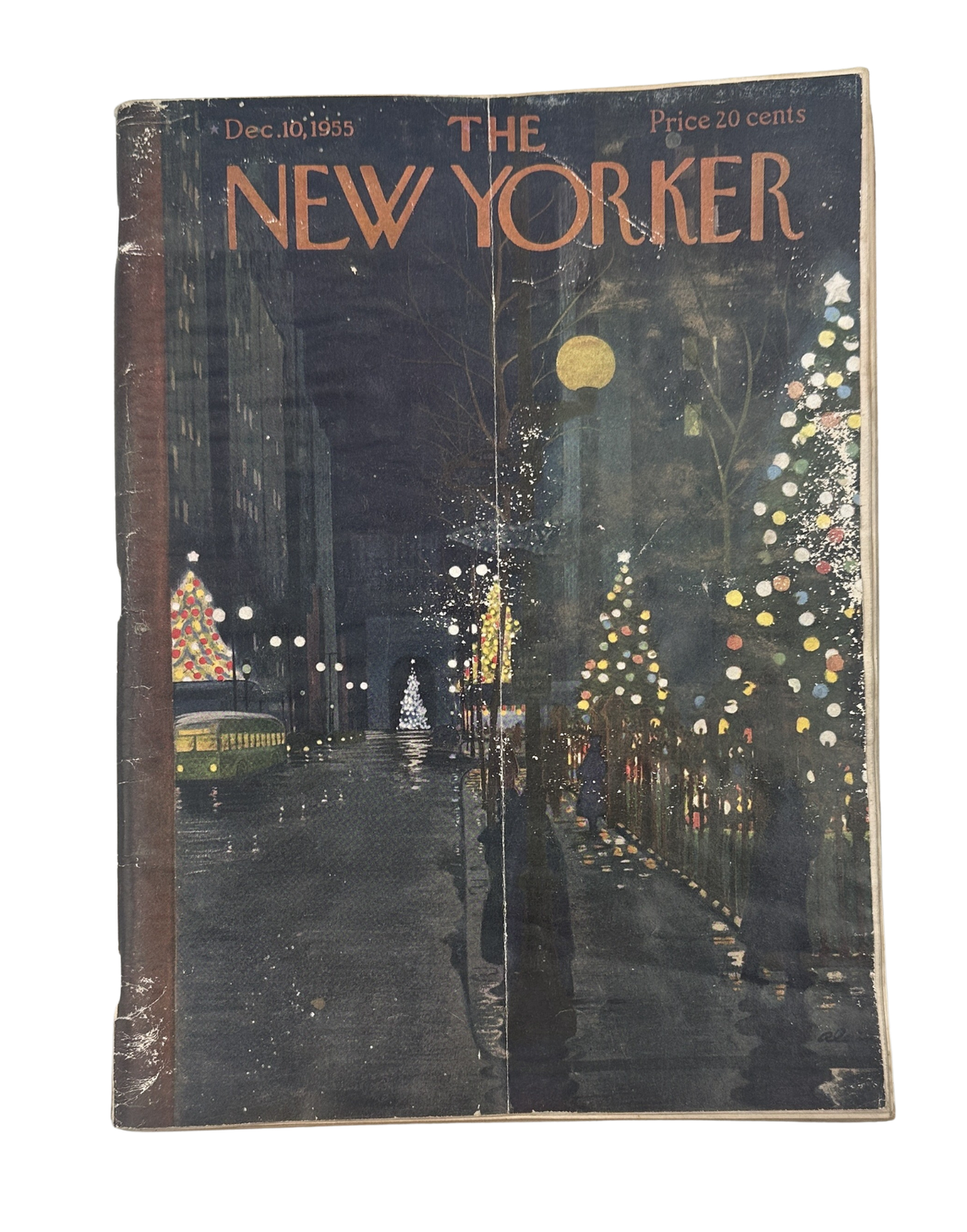 The New Yorker Magazine December 10, 1955 Christmas City Lights Daniel Brustlein Cover, featuring a festive nighttime city street with illuminated Christmas trees, streetlights, and a yellow moon.