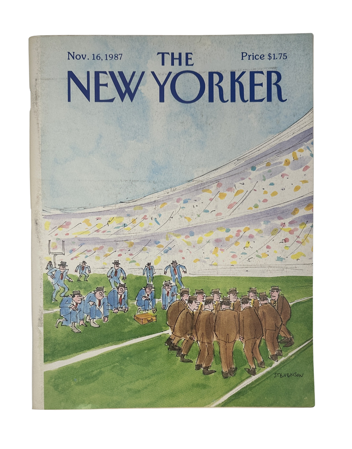 The New Yorker Magazine November 16, 1987 Football Field James Stevenson Cover featuring illustrated football players and coaches on a stadium field