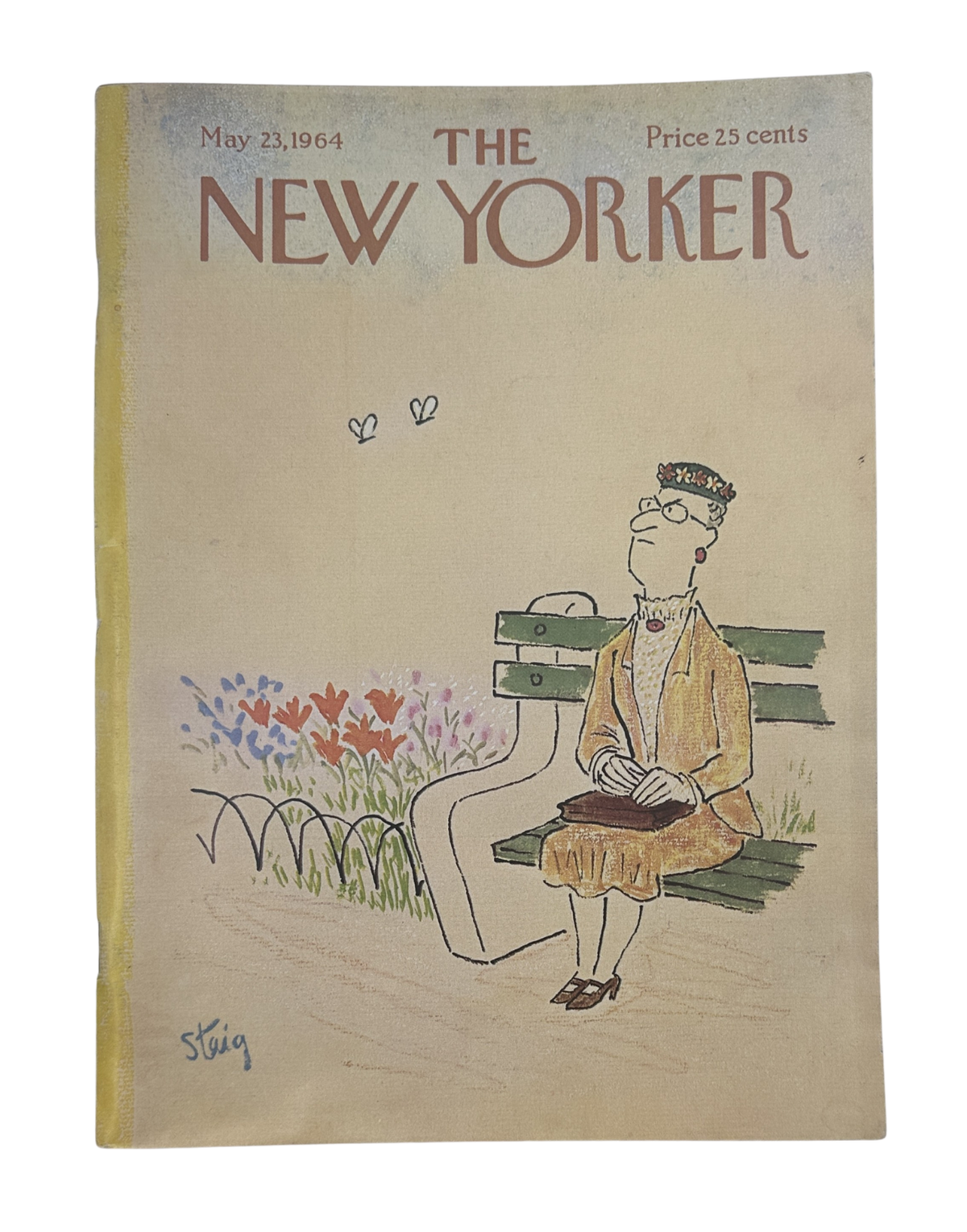 The New Yorker Magazine May 23, 1964 Park Bench William Steig Cover VG, featuring the vintage illustrated cover with a person seated on a park bench among flowers.