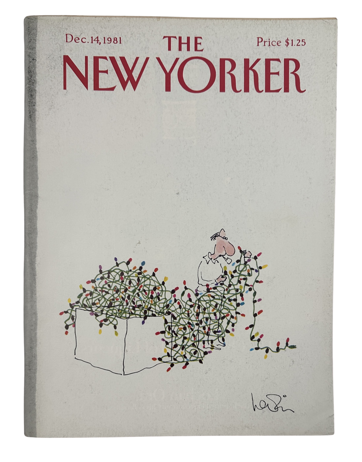The New Yorker Magazine December 14, 1981 Tangled Christmas Lights Arnie Levin Cover VG, featuring a tangled string of colorful Christmas lights illustration on the front cover.