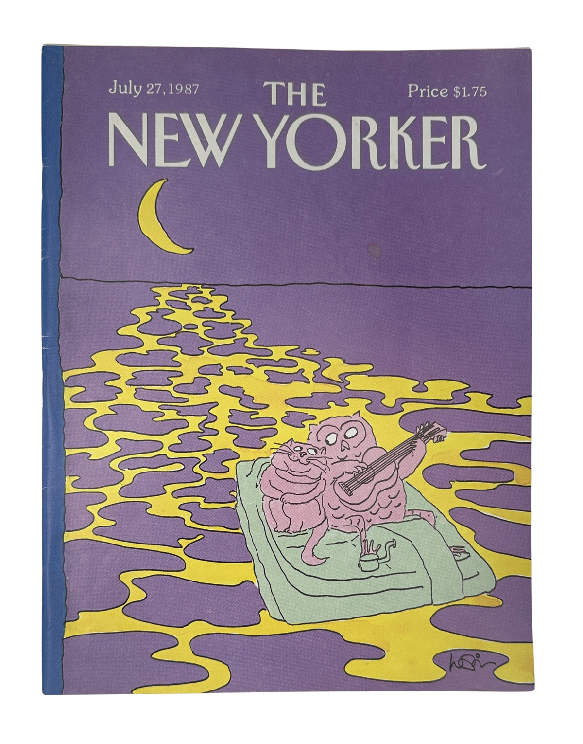 The New Yorker Magazine July 27, 1987 Moonlit Sea Cats Arnie Levin Cover featuring a whimsical illustration of cats relaxing on a moonlit purple and yellow sea.