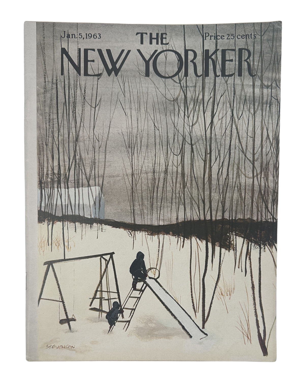 The New Yorker Magazine January 5, 1963 Snow Playground James Stevenson Cover VG, featuring children playing on a snowy playground with swings and a slide surrounded by bare trees
