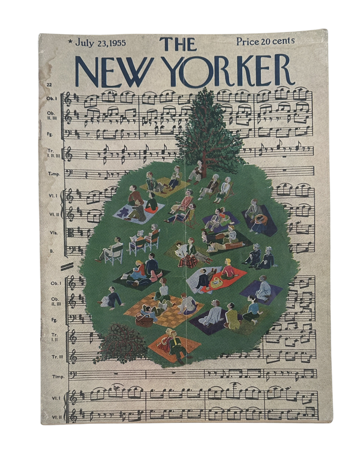 The New Yorker Magazine July 23, 1955 Picnic Music Score Ilonka Karasz Cover, featuring an illustrated outdoor picnic scene over printed sheet music.