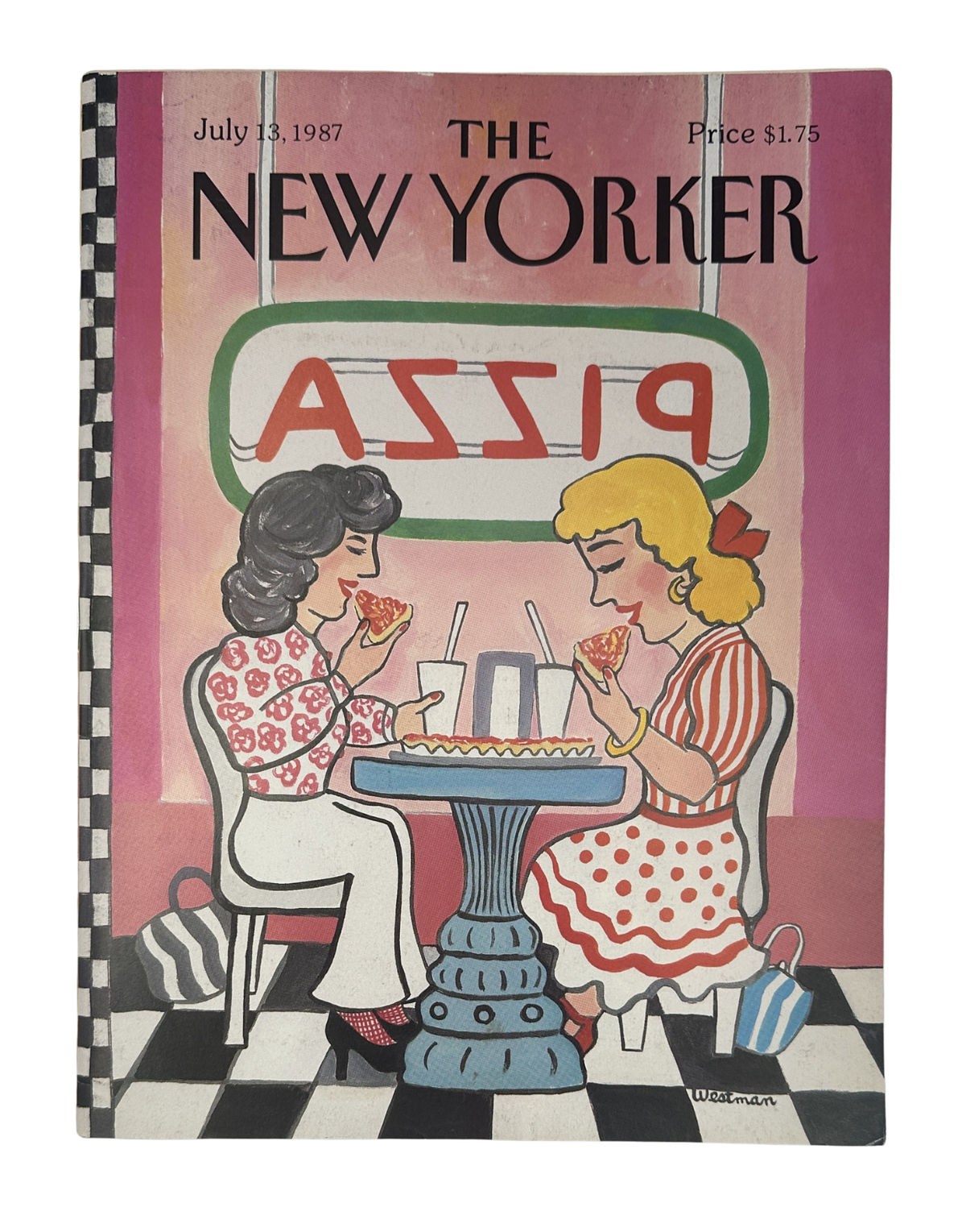 The New Yorker Magazine July 13, 1987 Pizza Parlor Diner Barbara Westman Cover, featuring two women dining at an ASSI9 pizza parlor with a checkerboard floor.