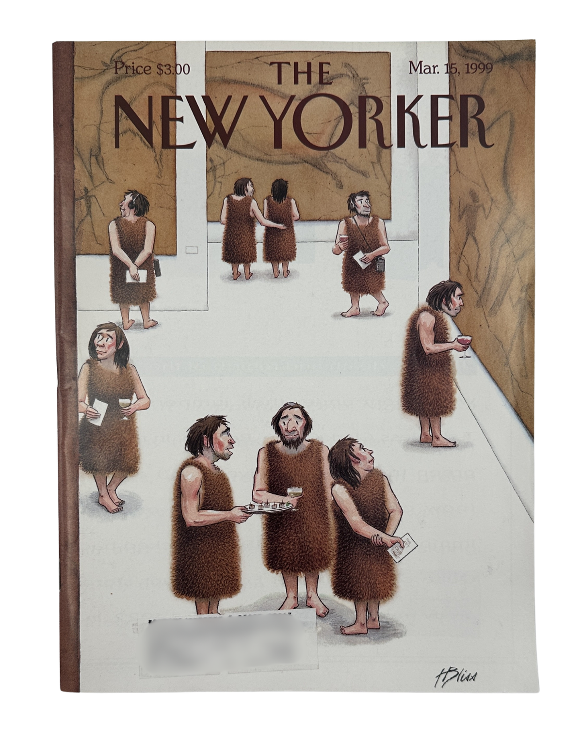 The New Yorker Magazine March 15, 1999 Cave Gallery Museum Harry Bliss Cover VG, featuring a humorous illustration of prehistoric cave visitors viewing artwork in a museum gallery.