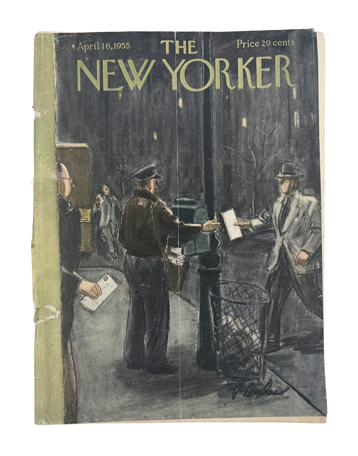 The New Yorker Magazine April 16, 1955 Mailbox Letter Carrier Perry Barlow Cover, showing a vintage mail carrier delivering letters beside a mailbox; worn original magazine cover.