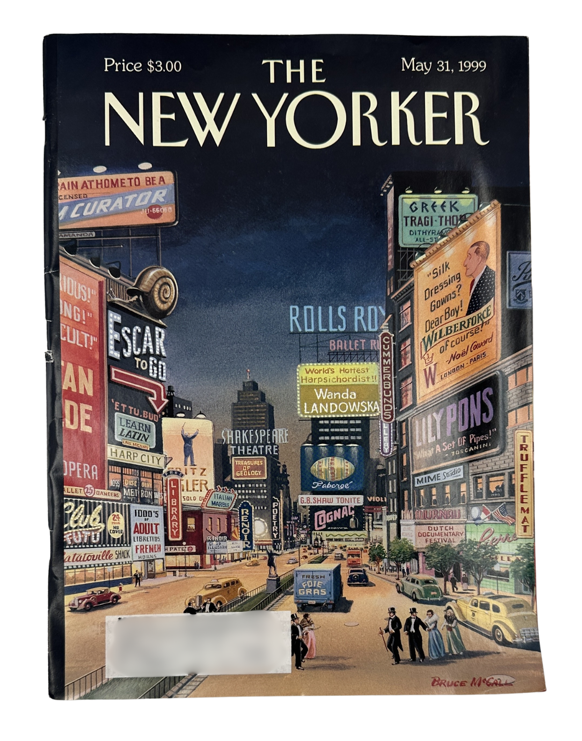 The New Yorker Magazine May 31, 1999 Lost Times Square City Bruce McCall Cover VG, front cover featuring Bruce McCall's illustrated Lost Times Square scene