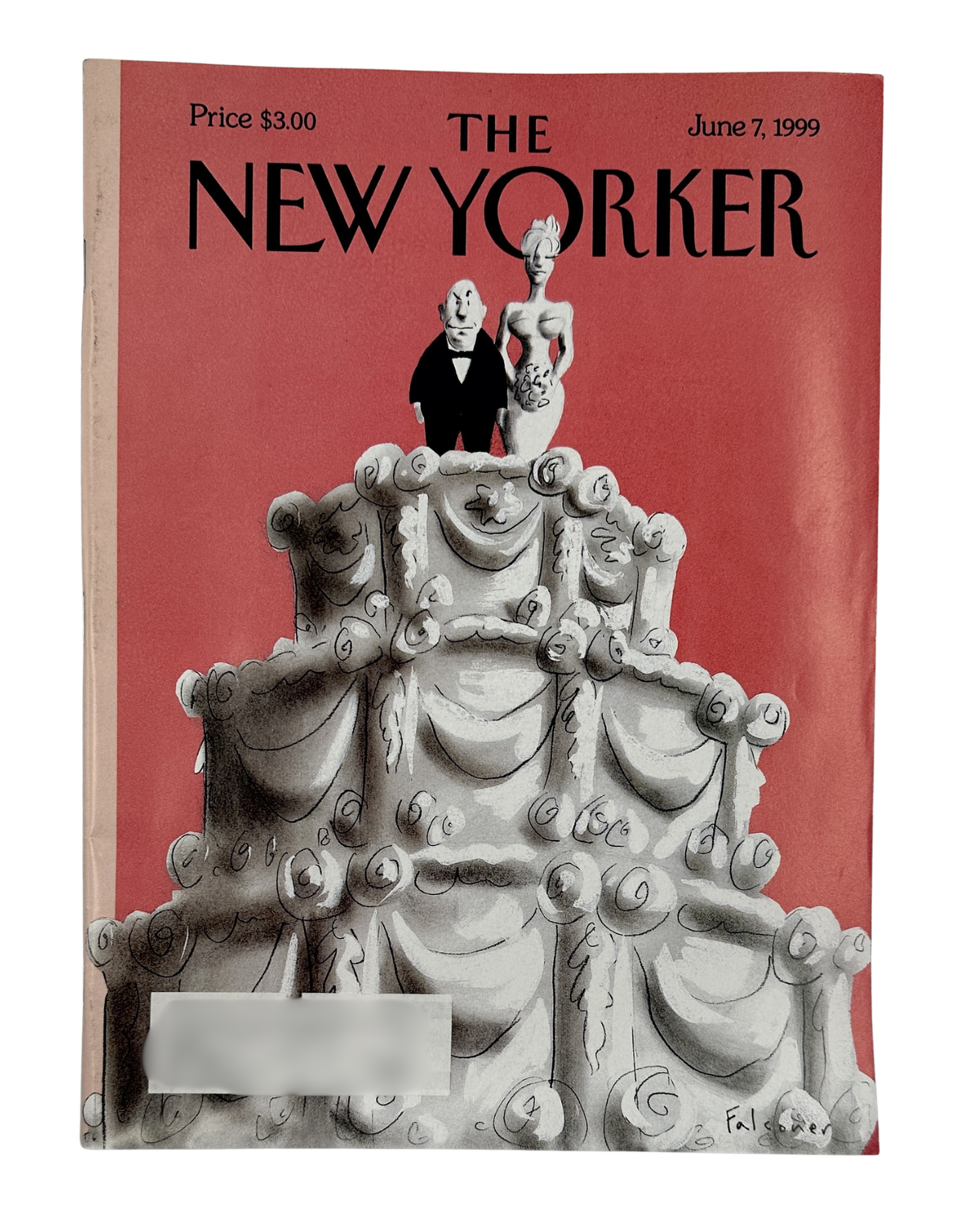 The New Yorker Magazine June 7, 1999 The Icing on the Cake Ian Falconer Cover VG, featuring an illustrated wedding cake with a bride and groom on a red magazine cover.