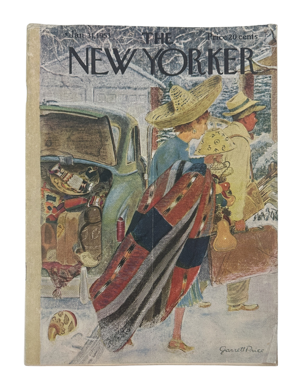 The New Yorker Magazine January 31, 1953 Winter Travel Garrett Price Cover, showing travelers with luggage beside a vintage automobile.