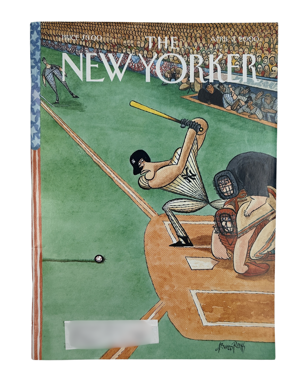 The New Yorker Magazine April 3, 2000 Baseball First Pitch Arnold Roth Cover VG, featuring an illustrated baseball scene with a batter, catcher, umpire, and pitcher on the cover.