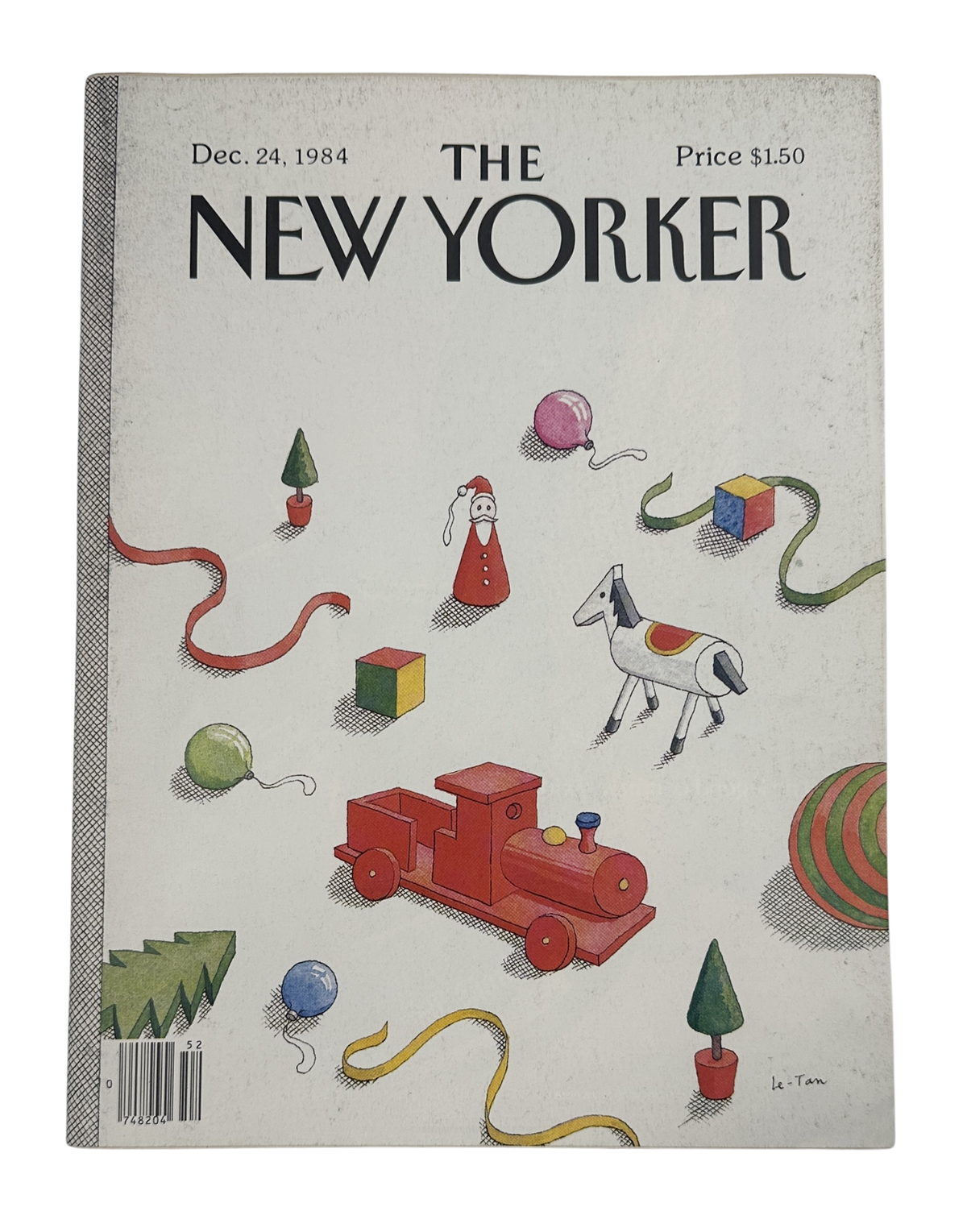 The New Yorker Magazine December 24, 1984 Christmas Toys Train Pierre Le-Tan Cover VG, featuring a vintage holiday toy illustration with a red train, colorful toys, ribbons, ornaments, and Christmas trees.