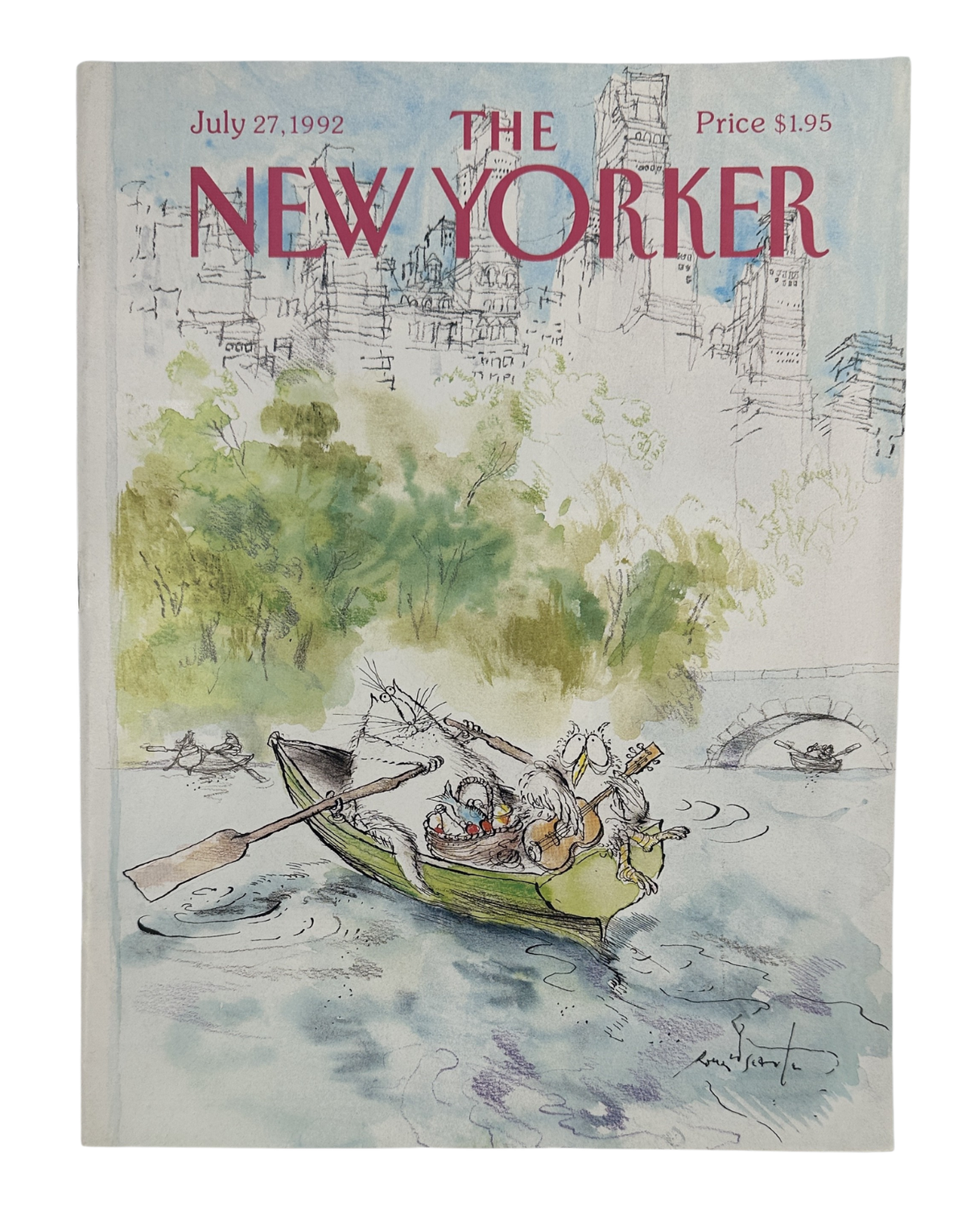 The New Yorker Magazine July 27, 1992 Rowboat City Skyline Ronald Searle Cover VG, illustrated front cover showing a rowboat on the water with a city skyline in the background.
