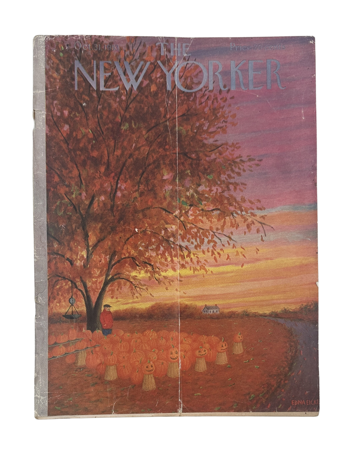 The New Yorker Magazine October 31, 1953 Halloween Pumpkin Edna Eicke Cover featuring a vintage autumn landscape with pumpkins, trees, and a sunset