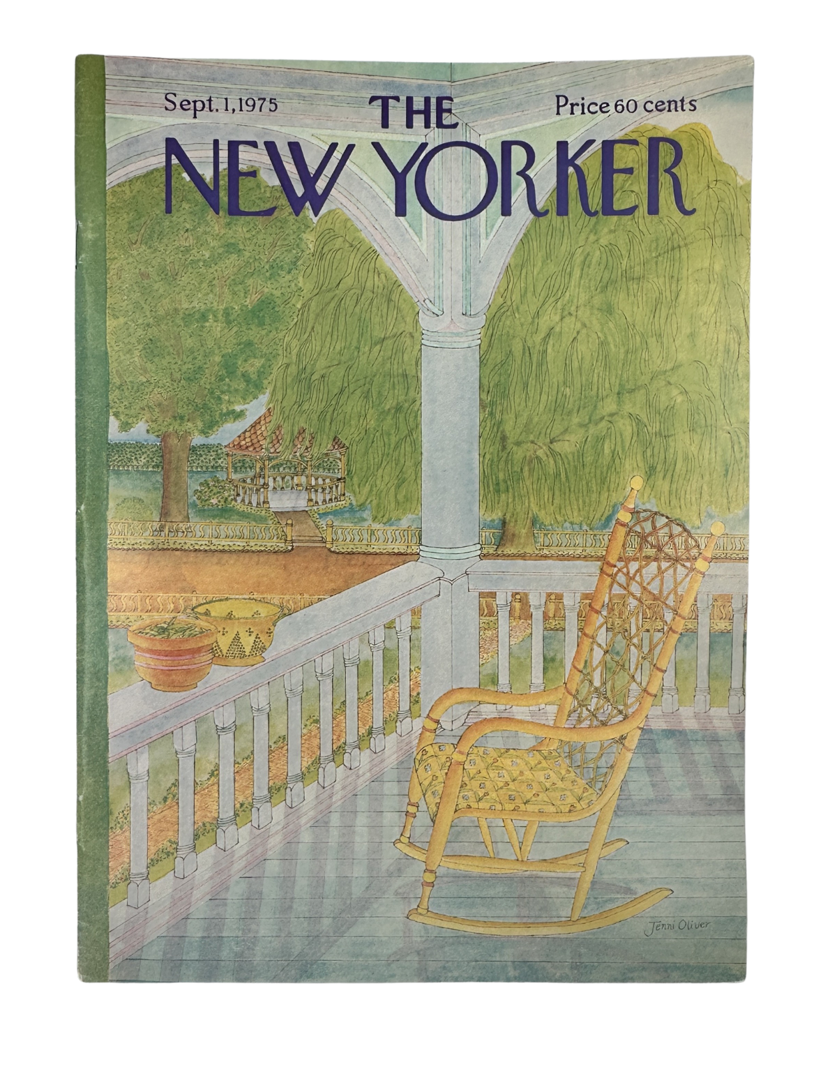 The New Yorker Magazine September 1, 1975 Porch Garden Jenni Oliver Cover VG, featuring an illustrated porch garden with a rocking chair, trees, and walkway.