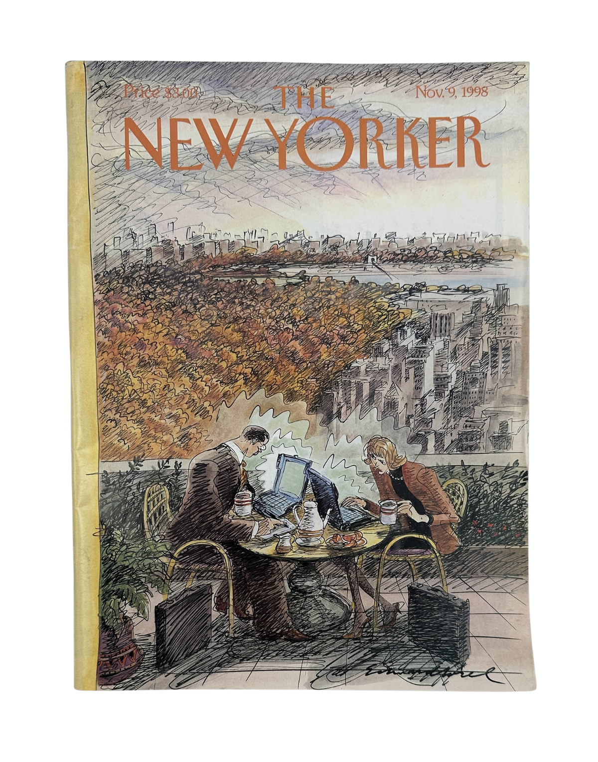 The New Yorker Magazine November 9, 1998 Laptop Café Autumn Edward Sorel Cover VG, featuring an illustrated autumn New York City scene with two people dining at an outdoor café beside a laptop.