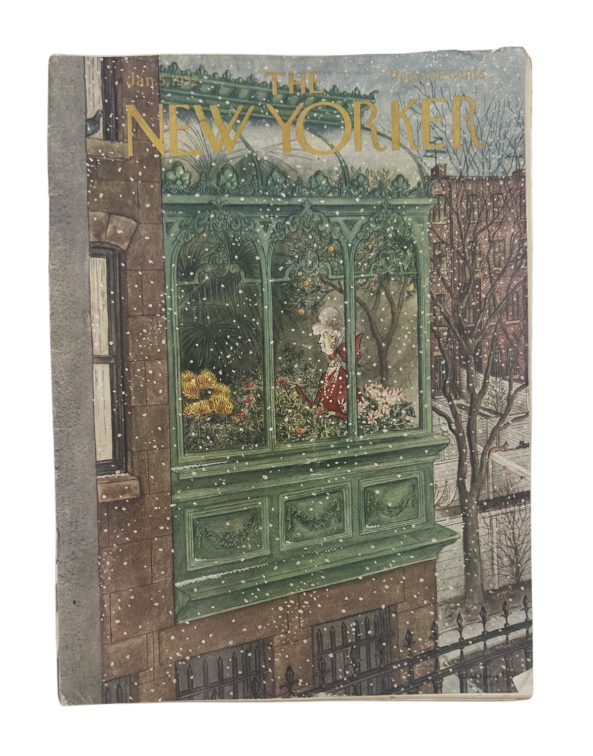 The New Yorker Magazine January 5, 1952 Snowy Flower Shop Mary Petty Cover, featuring a snow-covered New York City flower shop window illustration.