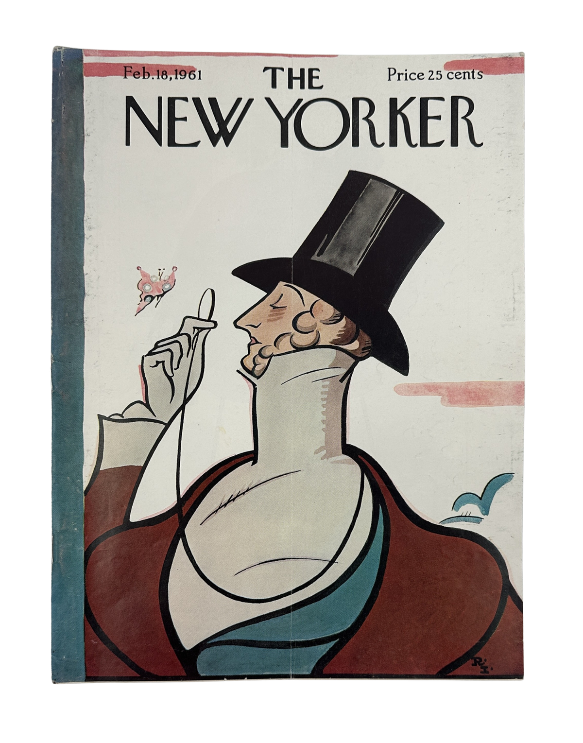 The New Yorker Magazine February 18, 1961 cover featuring a gentleman in a top hat holding a butterfly, illustrated by Rea Irvin.