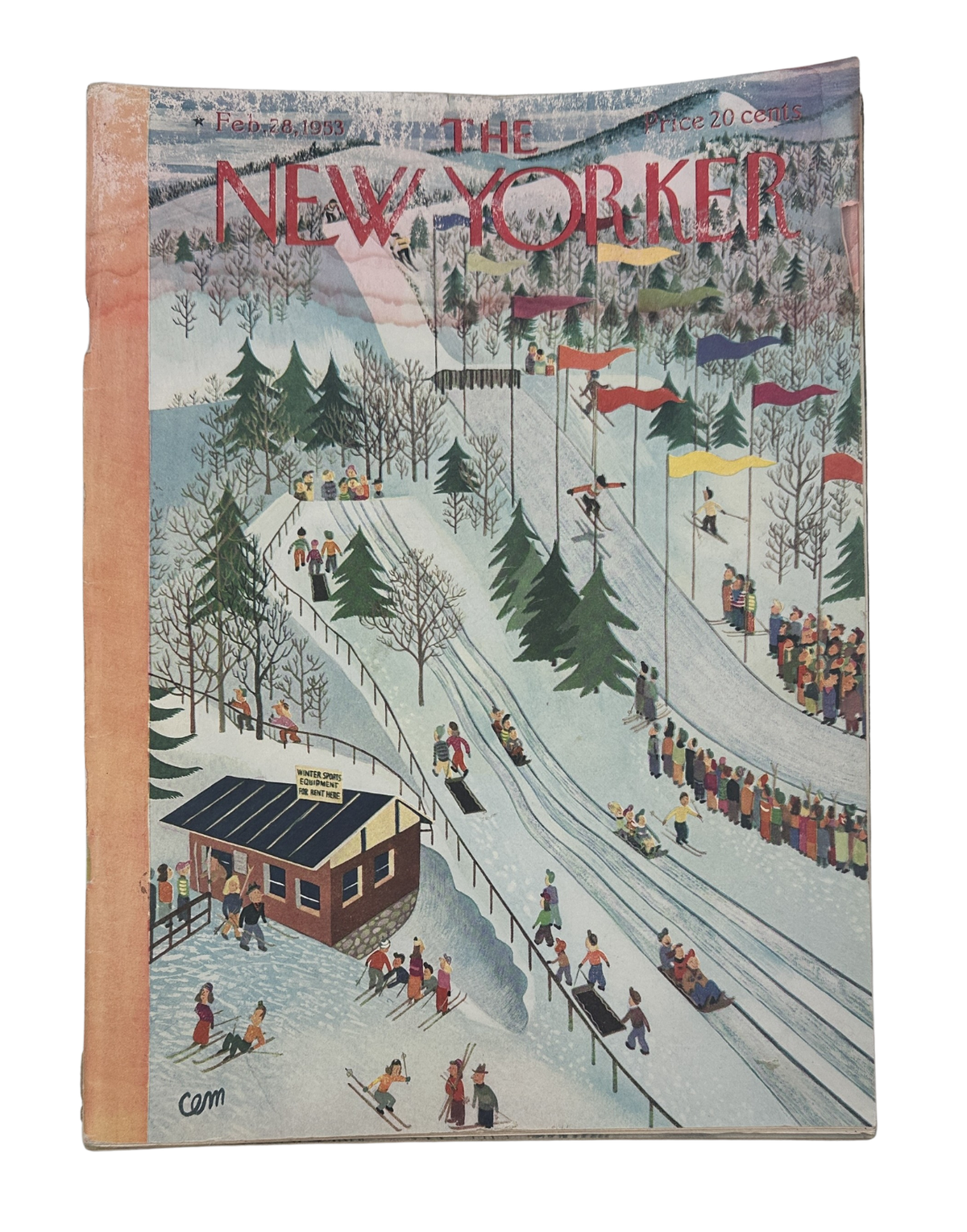 The New Yorker Magazine February 28, 1953 Ski Jump Winter Charles Martin Cover, featuring an illustrated snowy ski resort with ski jumpers, skiers, spectators, trees, and colorful flags.