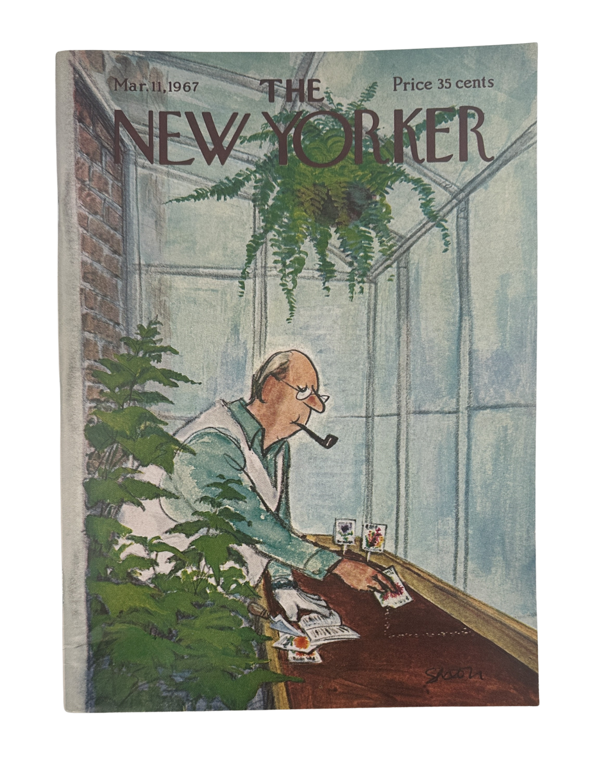The New Yorker Magazine March 11, 1967 Garden Greenhouse Charles D. Saxon Cover VG, featuring a Charles D. Saxon illustration of a man reading in a lush greenhouse.