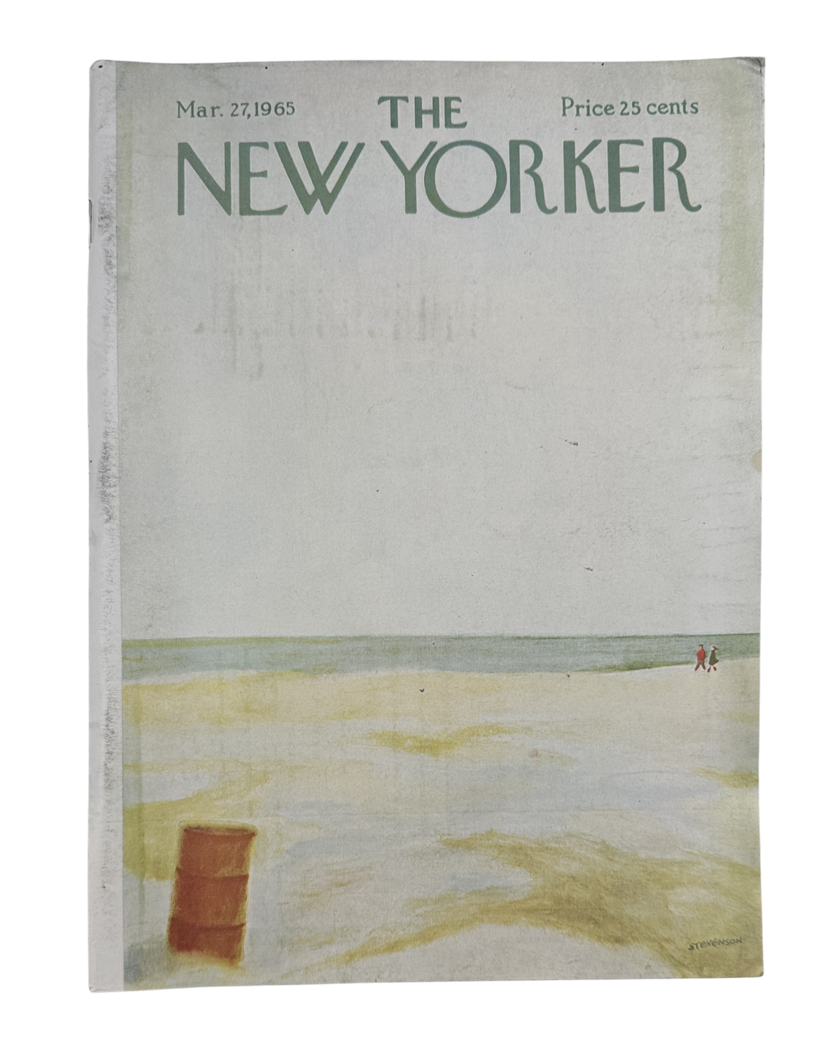 The New Yorker Magazine March 27, 1965 Beach Barrel Minimalist James Stevenson Cover, vintage magazine front cover featuring a minimalist beach scene with a red barrel and two distant figures.