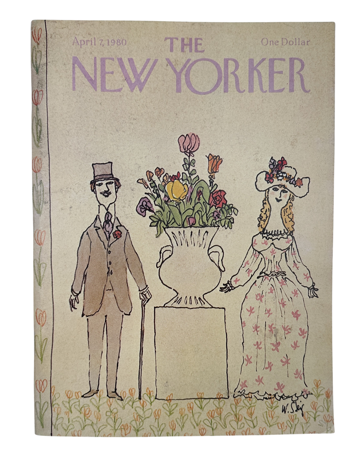 The New Yorker Magazine April 7, 1980 Spring Garden Portrait William Steig Cover VG, featuring an illustrated spring garden scene with a formally dressed man and woman beside a flower vase.