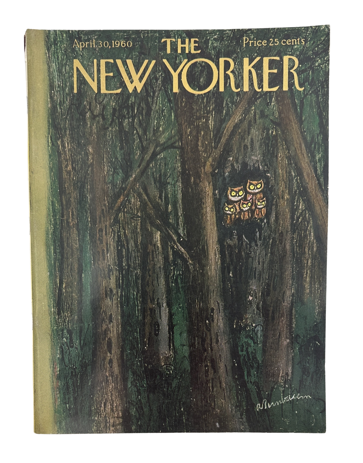 The New Yorker Magazine April 30, 1960 Dark Forest Owls Abe Birnbaum Cover VG, featuring the illustrated dark forest cover with two owls and vintage New Yorker masthead.
