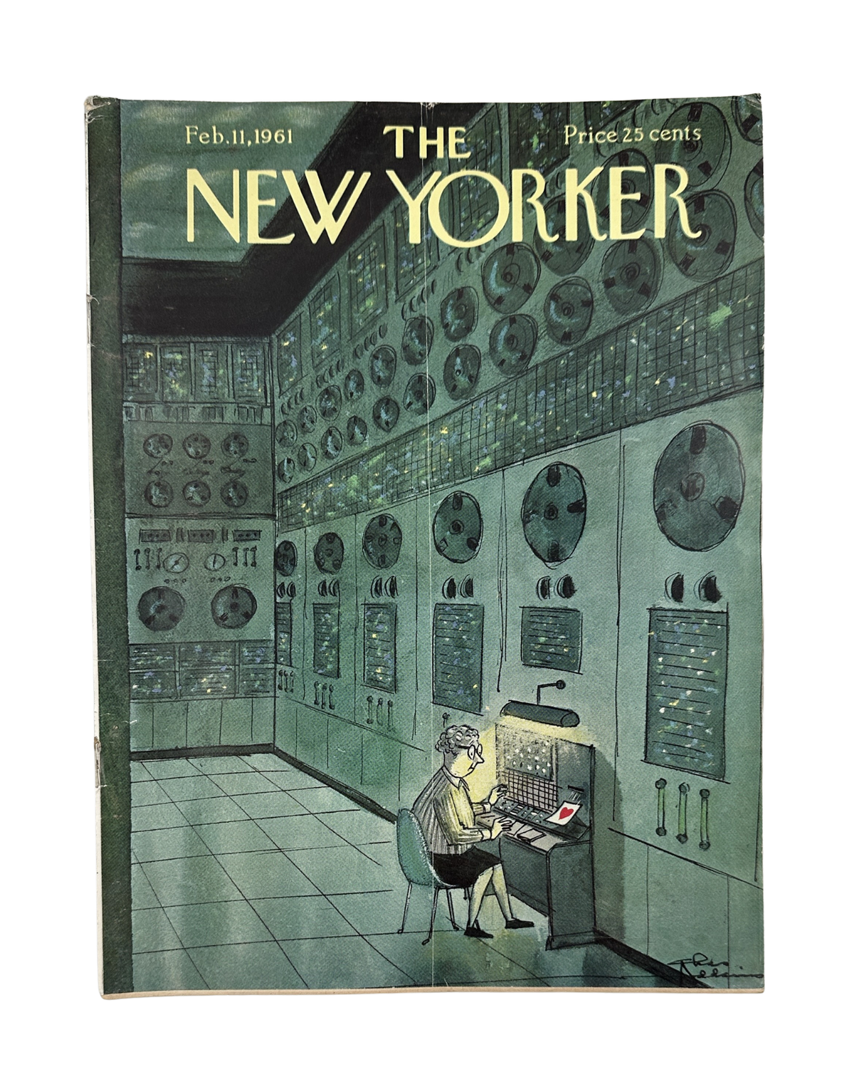 The New Yorker Magazine February 11, 1961 Computer Valentine Charles Addams Cover, featuring a vintage computer room illustration with a seated operator and visible 25-cent cover price.