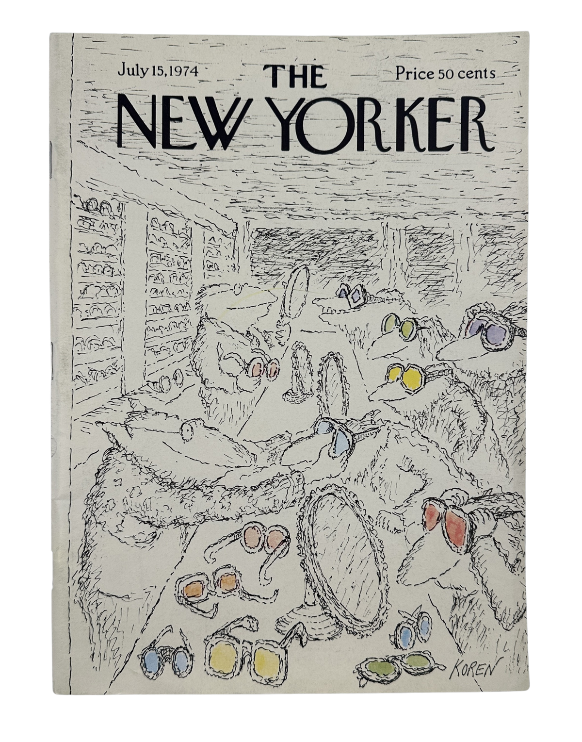The New Yorker Magazine July 15, 1974 Eyeglass Shop Edward Koren Cover VG, vintage magazine cover featuring a whimsical eyeglass shop illustration with colorful spectacles and eyewear displays.