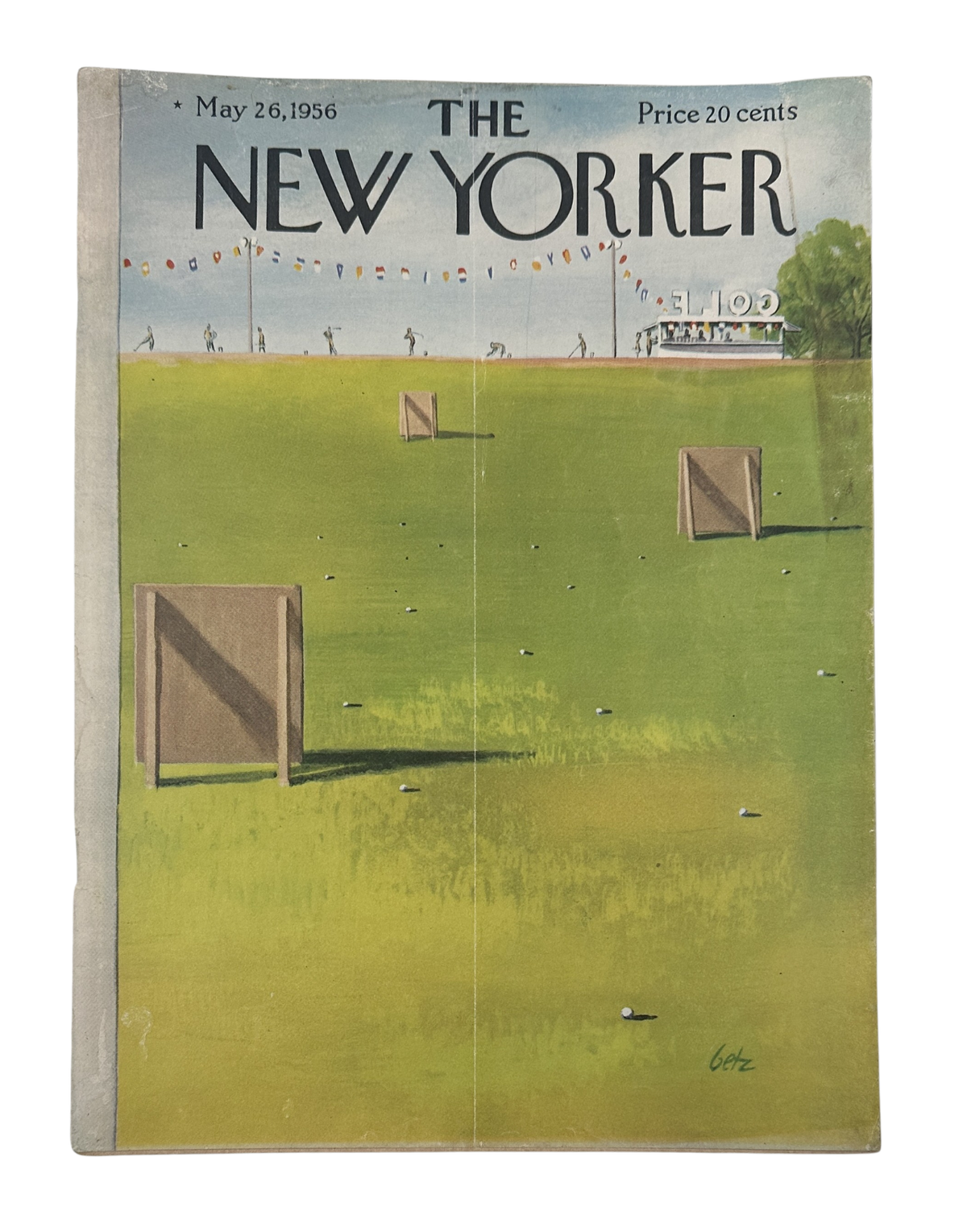 The New Yorker Magazine May 26, 1956 Golf Course Arthur Getz Cover, featuring an illustrated golf course with practice nets and golfers beneath colorful flags.