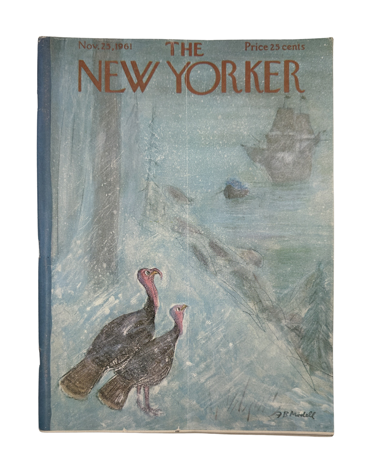 The New Yorker Magazine November 25, 1961 Turkeys in Snowy Harbor Frank Modell Cover, showing two turkeys walking through a snowy harbor scene.