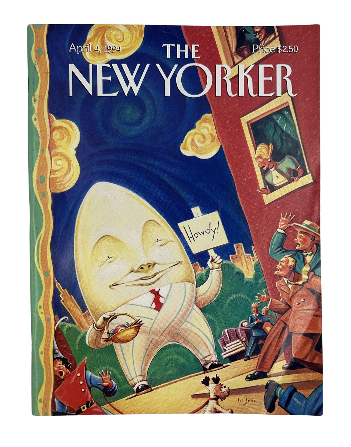 The New Yorker Magazine April 4, 1994 Smiling Egg Man William Joyce Cover, featuring a whimsical smiling egg character in a theatrical scene
