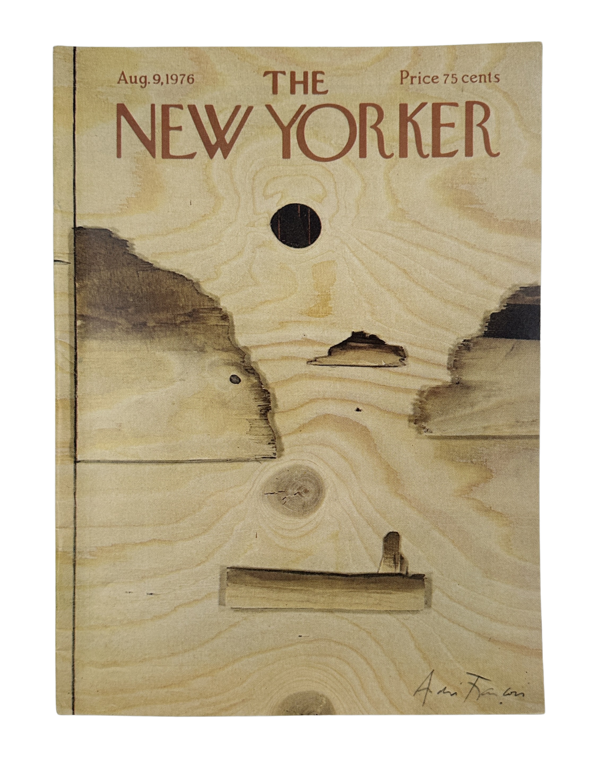 The New Yorker Magazine August 9, 1976 Surreal Wood André François Cover VG, front cover featuring a surreal wood-grain landscape illustration and floating objects.