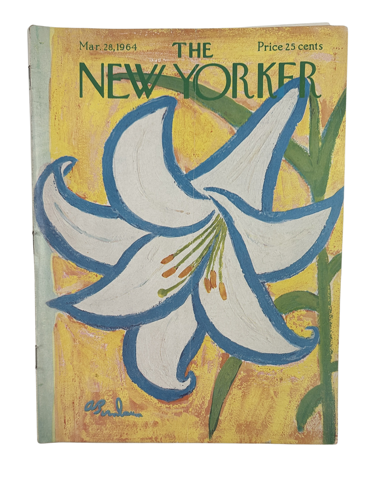 The New Yorker Magazine March 28, 1964 White Lily Floral Abe Birnbaum Cover VG, featuring a large white lily illustration on a yellow and green background.