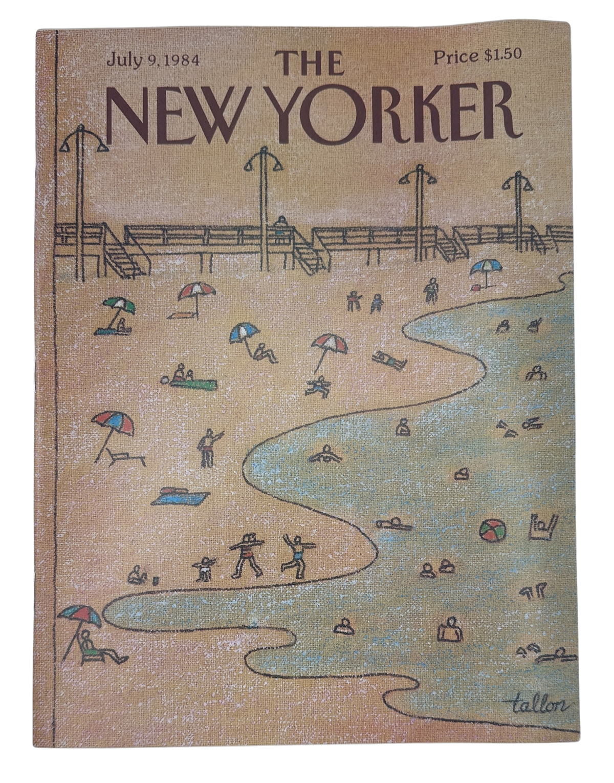 The New Yorker Magazine July 9, 1984 Beach Umbrellas Swimmers Robert Tallon Cover VG, featuring a beach scene with swimmers, beach umbrellas, shoreline, and pier illustration.